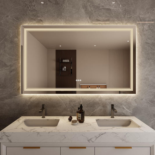 Bathroom Mirror with Lights 36"X60" with Front Light and Backlit, Tempered Glass, Wall Mount Horizontal/Vertical, Stepless Dimmable, 3 Colors, Anti Fog, Bathroom Memory LED Mirror