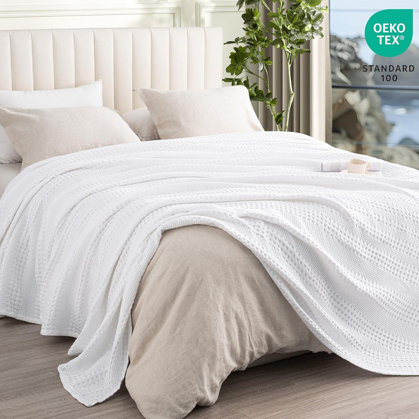 PHF Cooling Waffle Blanket Twin Size, Lightweight 60% Rayon Derived Bamboo & 40% Cotton Breathable Blanket for Hot Sleepers, Soft and Luxury for Bed Couch and Sofa, 66"x90", White