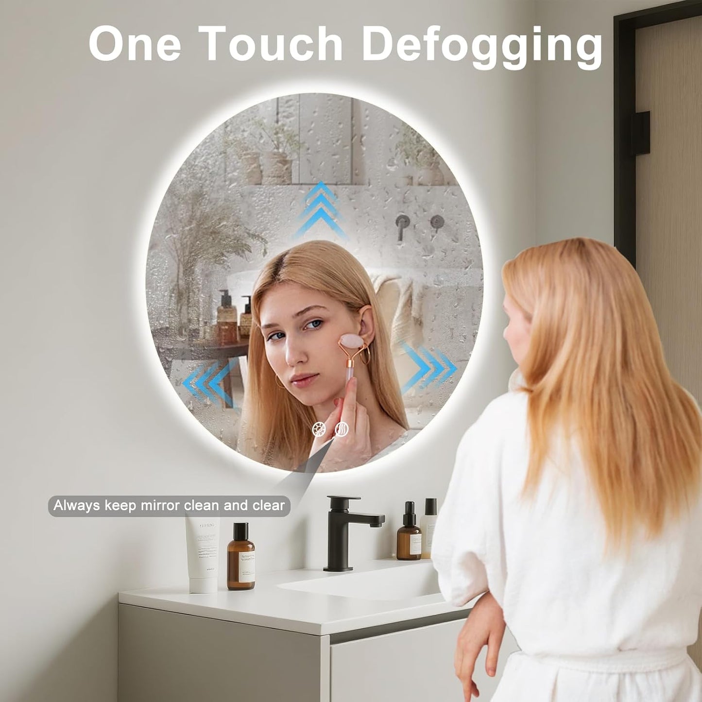 24 Inch Round LED Bathroom Mirror Backlit Anti-Fog 3 Colors Light Dimmable Wall Mounted Lighted Bathroom Vanity Mirror Smart Makeup Mirror with Touch Switch