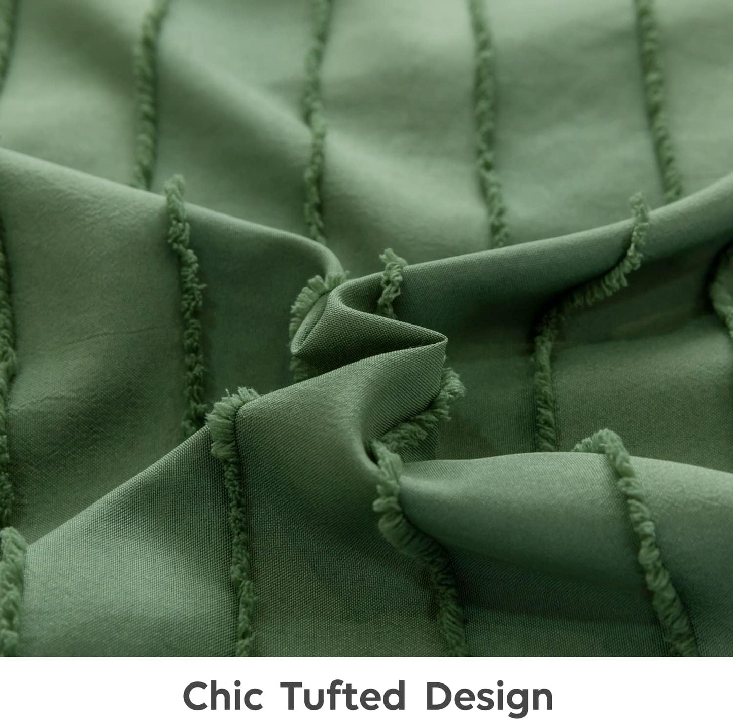 JELLYMONI Duvet Cover Queen Size Green and White - 3PCS Boho Striped Duvet Cover Set Polyester Tufted Bohemian Textured Comforter Cover with Corner Ties & Zipper Closure