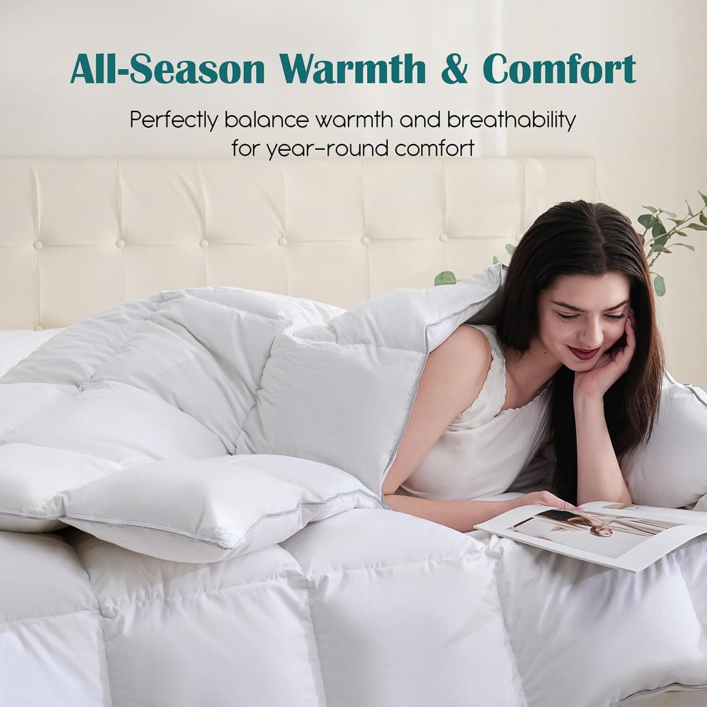 Goose Feather Down Fiber Comforter Queen Size, 100% Cotton Cover Ultra Soft Fluffy Duvet Insert Queen, All Season Luxurious Hotel Bedding Comforter, White 90"x90"
