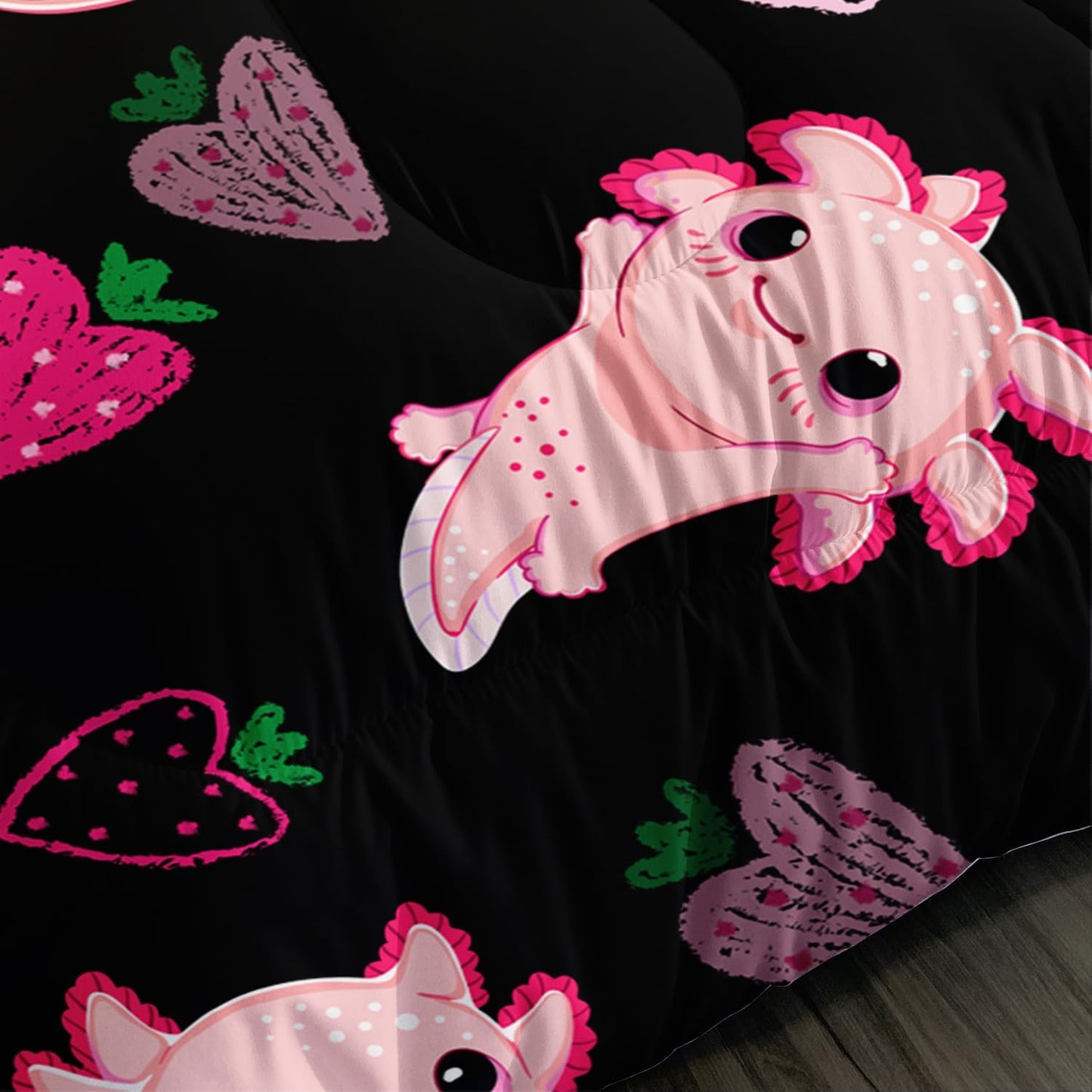 Cute Axolotl Bedding Set Full Size,Pink Axolotl Strawberry Printed Comforter Sets Aesthetic Bedding for Kids Girls,Beach Coastal Animal Themed Comforter Sets with 2 Pillowcases.