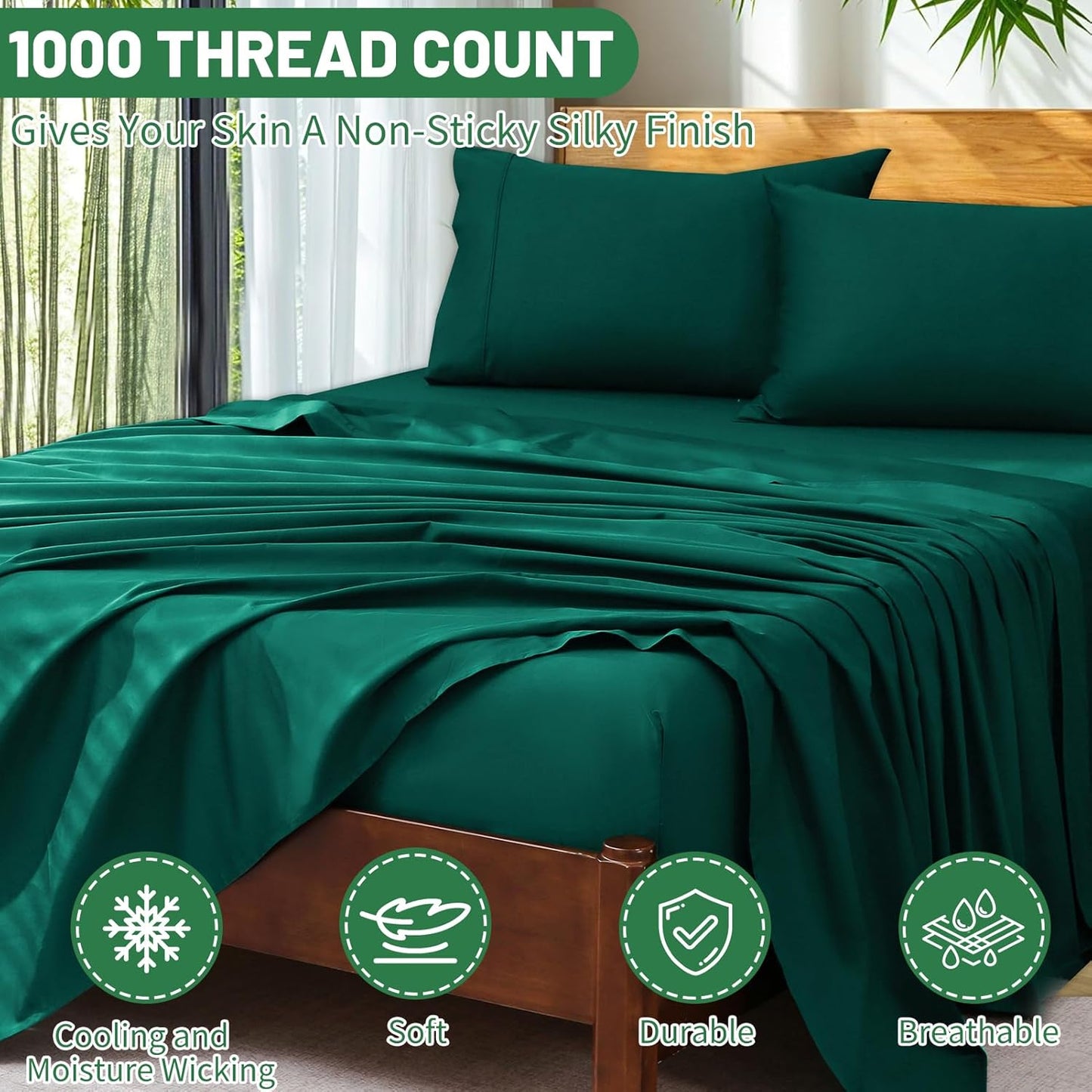 Extra Deep Pocket California King Sheets 18-24 Inch 1000 Thread Count 100% Egyptian Cotton Sateen Weave Soft Breathable 4 Pieces（California King,Dark Green）