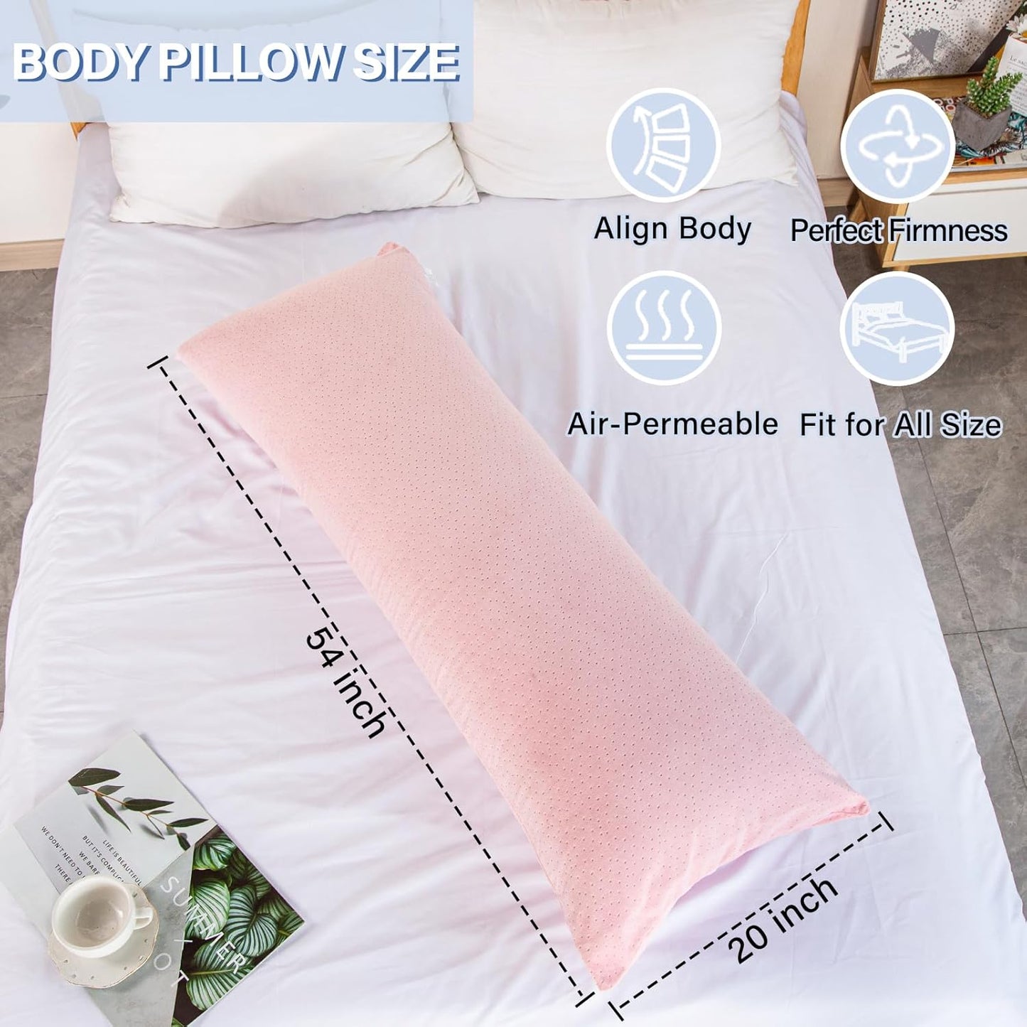 Body Pillow, Memory Foam Body Pillows for Adults Sleeping, Long Pillow for Bed, Big Large Firm Full Body Pillow for Side Sleeper, 20x54 Inch, Light Pink