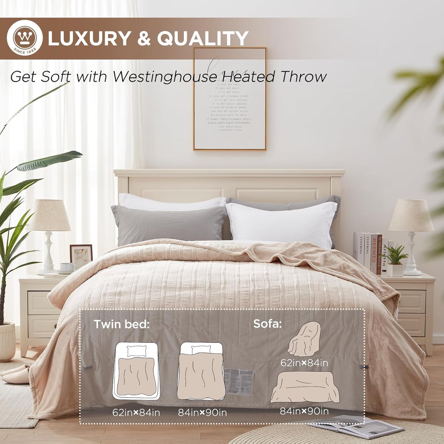 Westinghouse Heated Blanket, Electric Throw Blanket with 10 Heating Levels, 12 Hours Auto Off, Overheat Protection, Machine Washable, Flannel (Twin, 62x84 Inches, Beige)