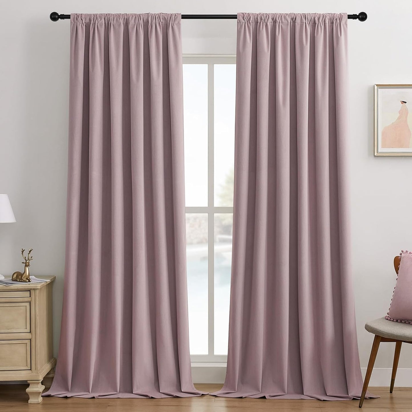 Joydeco Rose Pink 100% Blackout Curtains 96 Inch 2 Panels, Luxury Thermal Pink Velvet Curtains for Bedroom Living Room, Soundproof Blackout Window Drapes, Rod Pocket & Back Tab (52W x 96L)