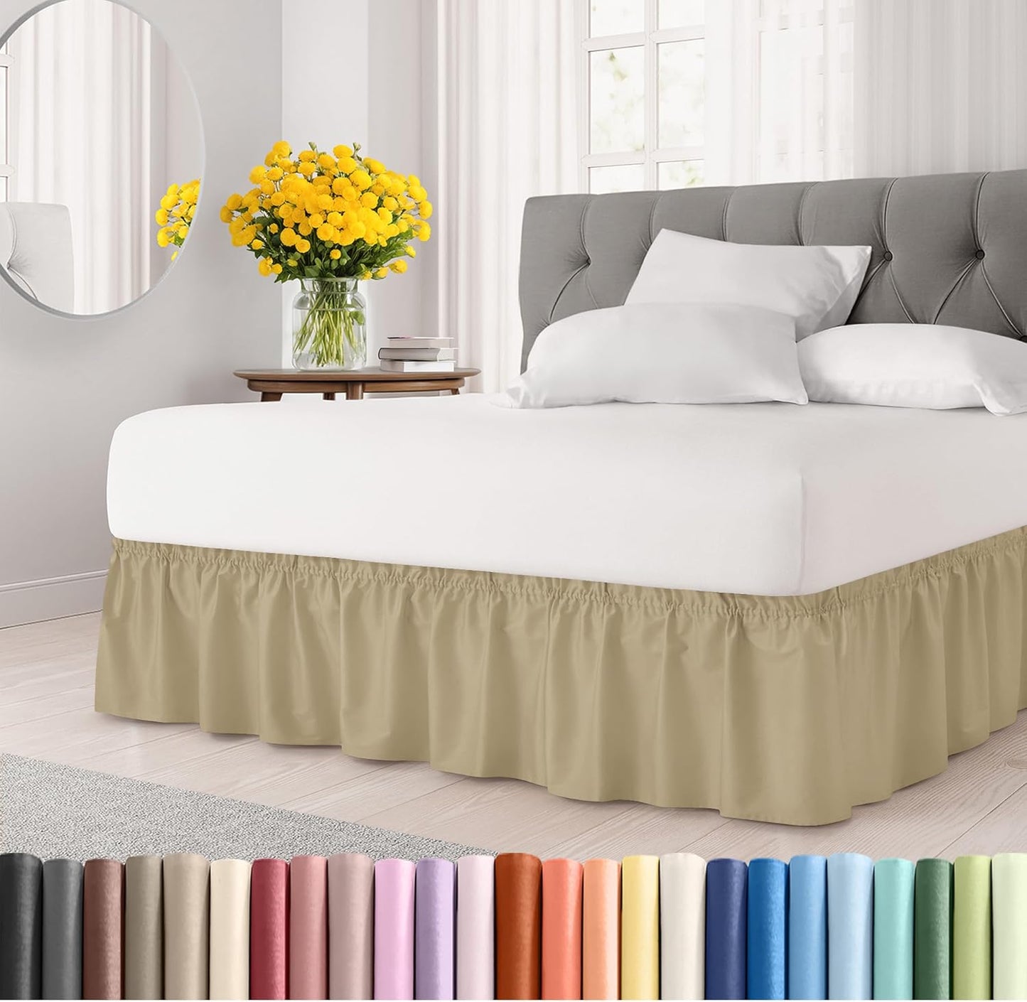 Wrap Around Dust Ruffle Bed Skirt - Beige - for King Size Beds with 15 Inch Drop - Easy Fit Elastic Strap - Adjustable Pleated Bedskirt w/Brushed Fabric - Wrinkle Free - for Women, Men, Kids & Teens