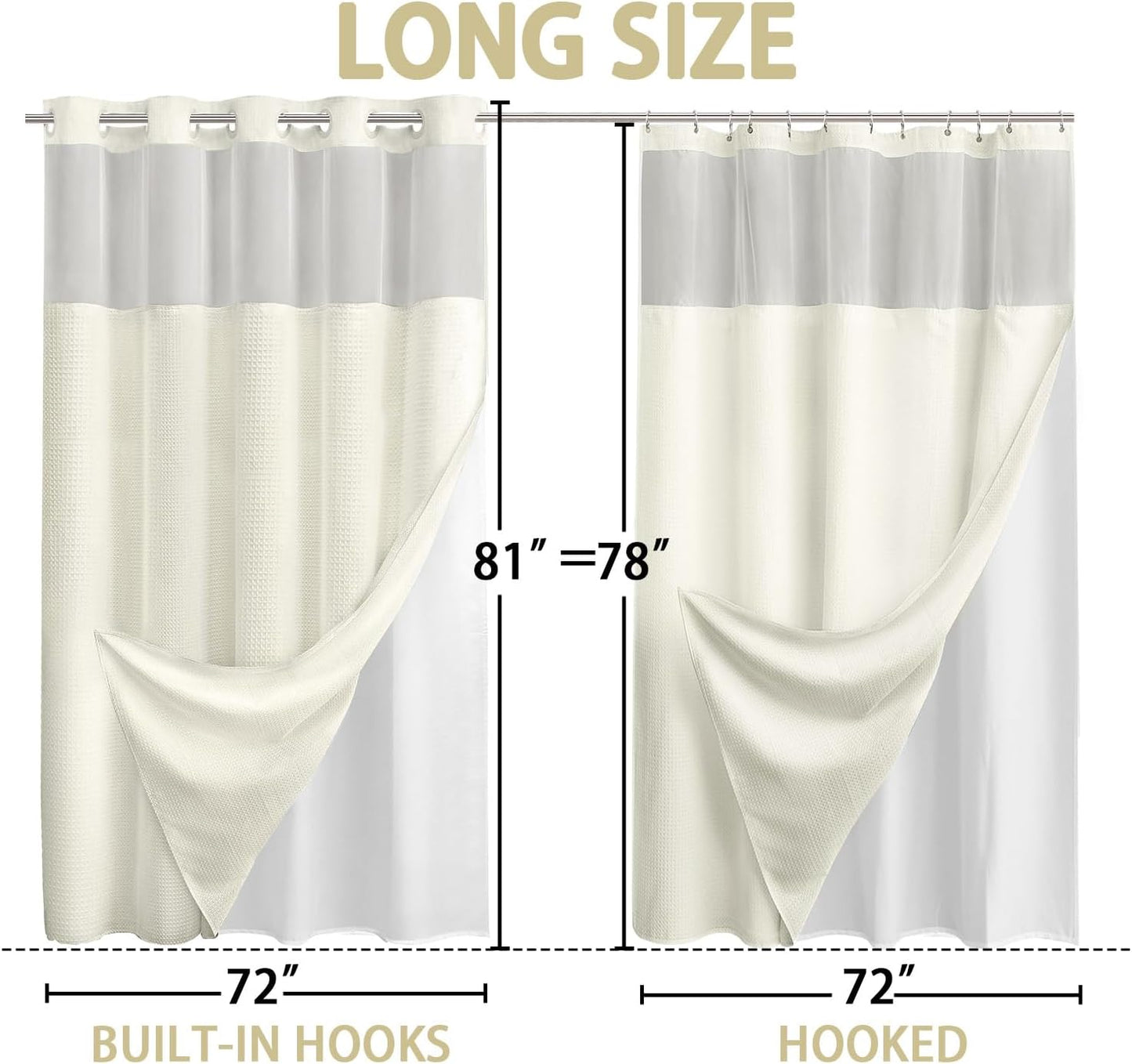 YellyHommy No Hook Shower Curtain with Snap in Liner Set Less Waffle Shower Curtain for Bathroom (Cream, 81" L x 72" W)