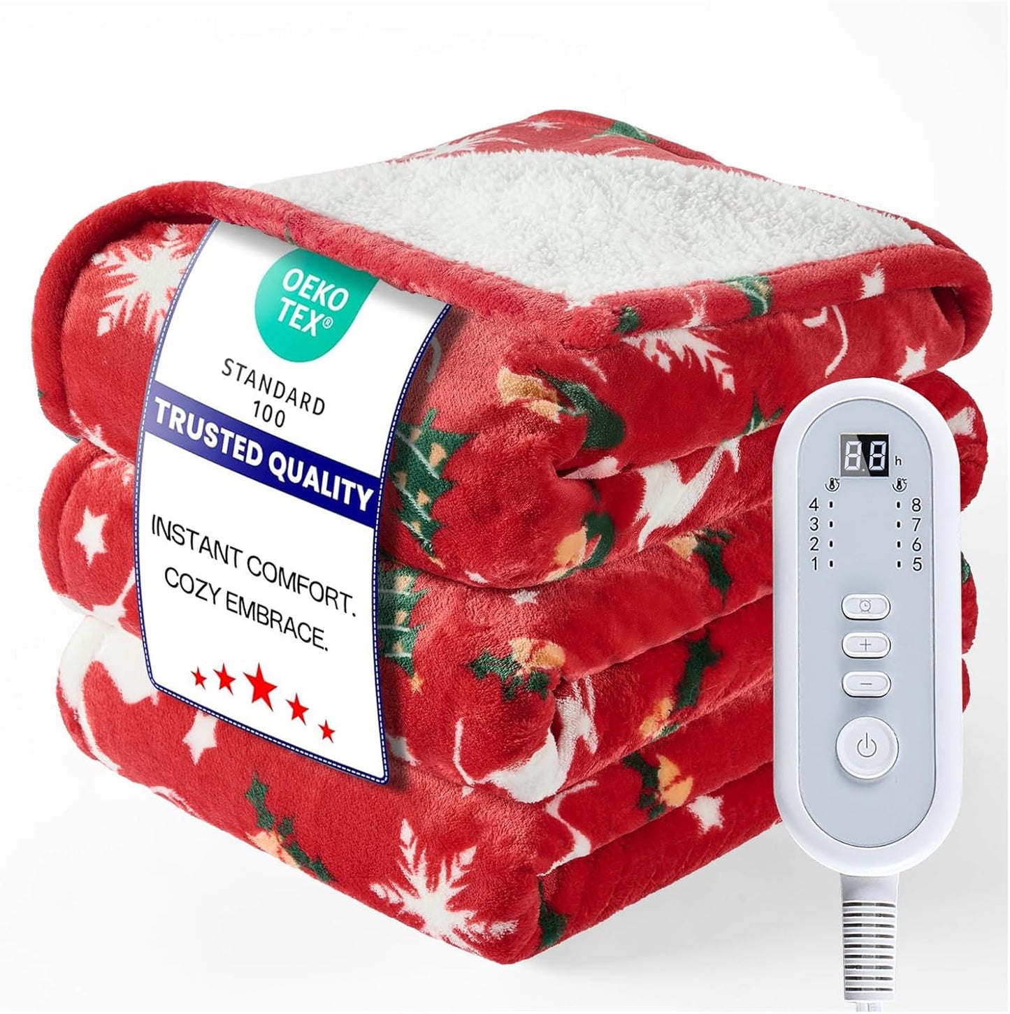 Heated Blanket Twin Size, Electric Blanket with 1-10 hrs Timer Auto-Off & 8 Heating Levels, Flannel& Sherpa Heating Blanket with ETL Certified, Christmas Blanket Gifts Machine Washable (62x 84”, Red)