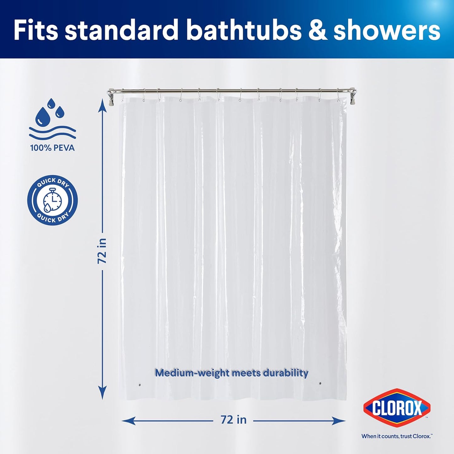CLOROX Shower Curtain Liner, Premium Medium-Weight Durable Waterproof 6g PEVA for Bathroom with Weighted Magnets, Standard Size 72" x 72", Clear 2 Pack