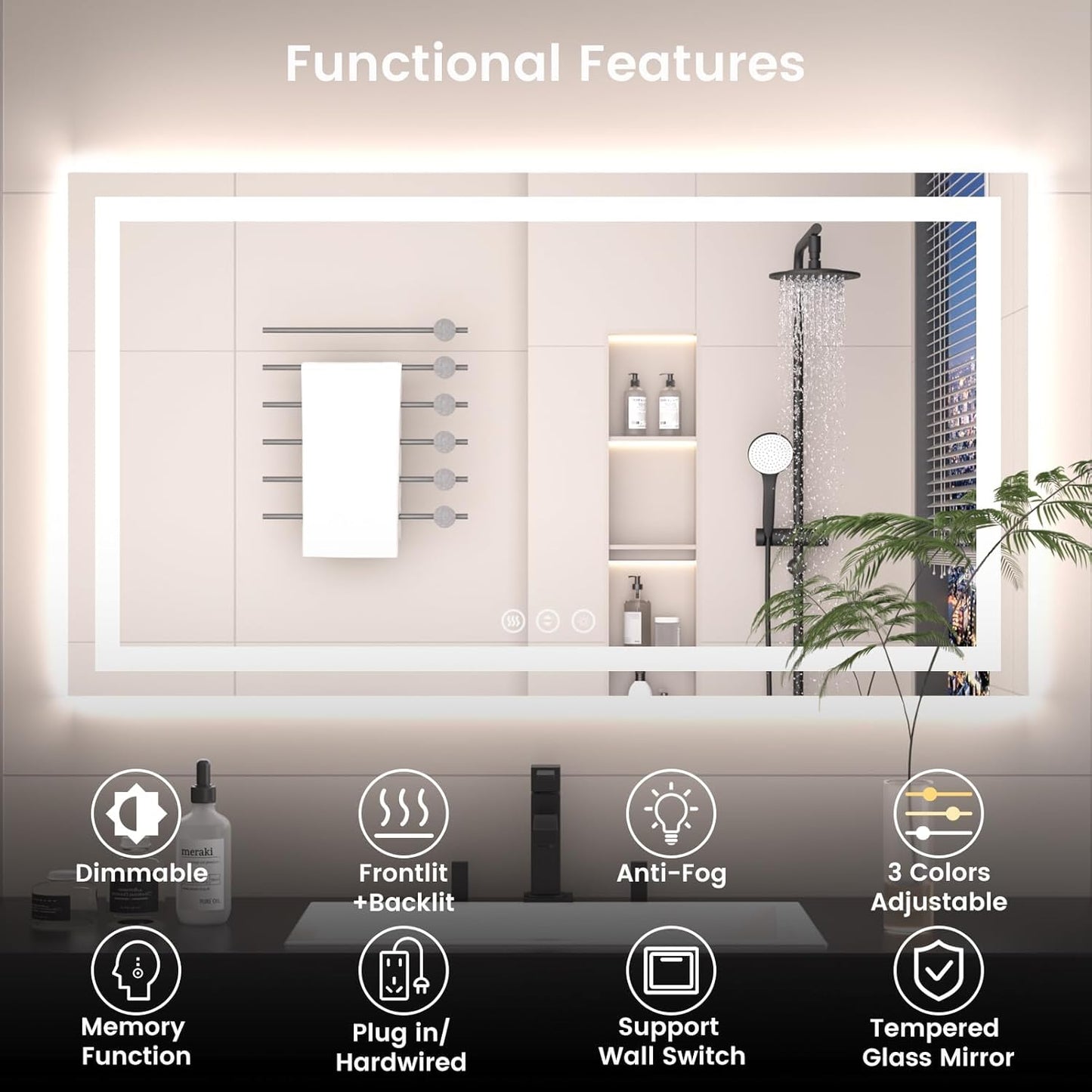 40X24 LED Bathroom Mirror with Lights, Anti-Fog, Backlit + Front Lit (CRI>90), Lighted Bathroom Vanity Mirror for Wall, Memory Function, Dimmable, Tempered Glass, Shatter-Proof, ETL Listed