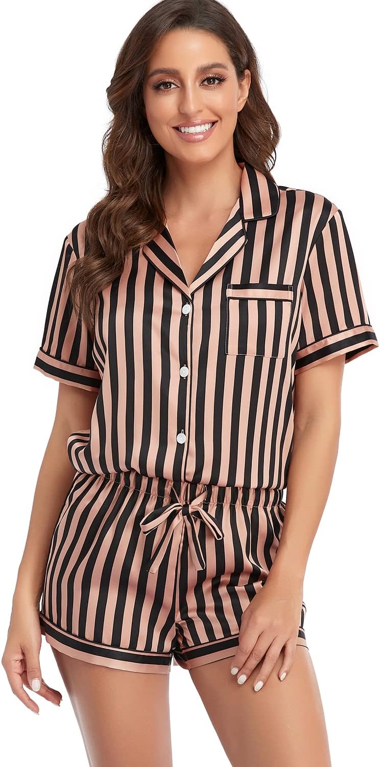 Women's Satin Pajama Set 2-Piece Sleepwear Loungewear Button Down Short Sleeve Silky PJ Set