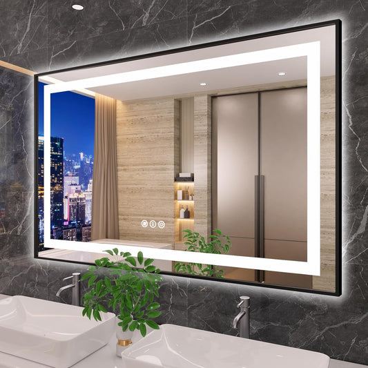 Amorho 55"X40" LED Bathroom Mirror with Black Frame, Front Light and Backlit, Stepless Dimmable, Anti-Fog, Shatter-Proof, Memory, 3 Colors, Double LED Vanity Mirror