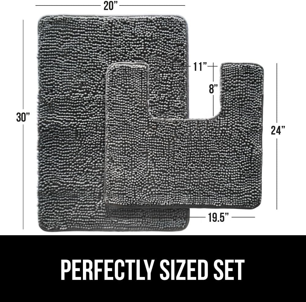 GORILLA GRIP Bathroom Rug Sets, Soft Chenille 2 Piece Area Rugs Set, Toilet Base Mat and 30x20 Carpet, Absorbent Microfiber Washable Mats Dry Quickly, Home Décor and Bath Room Accessories, Grey