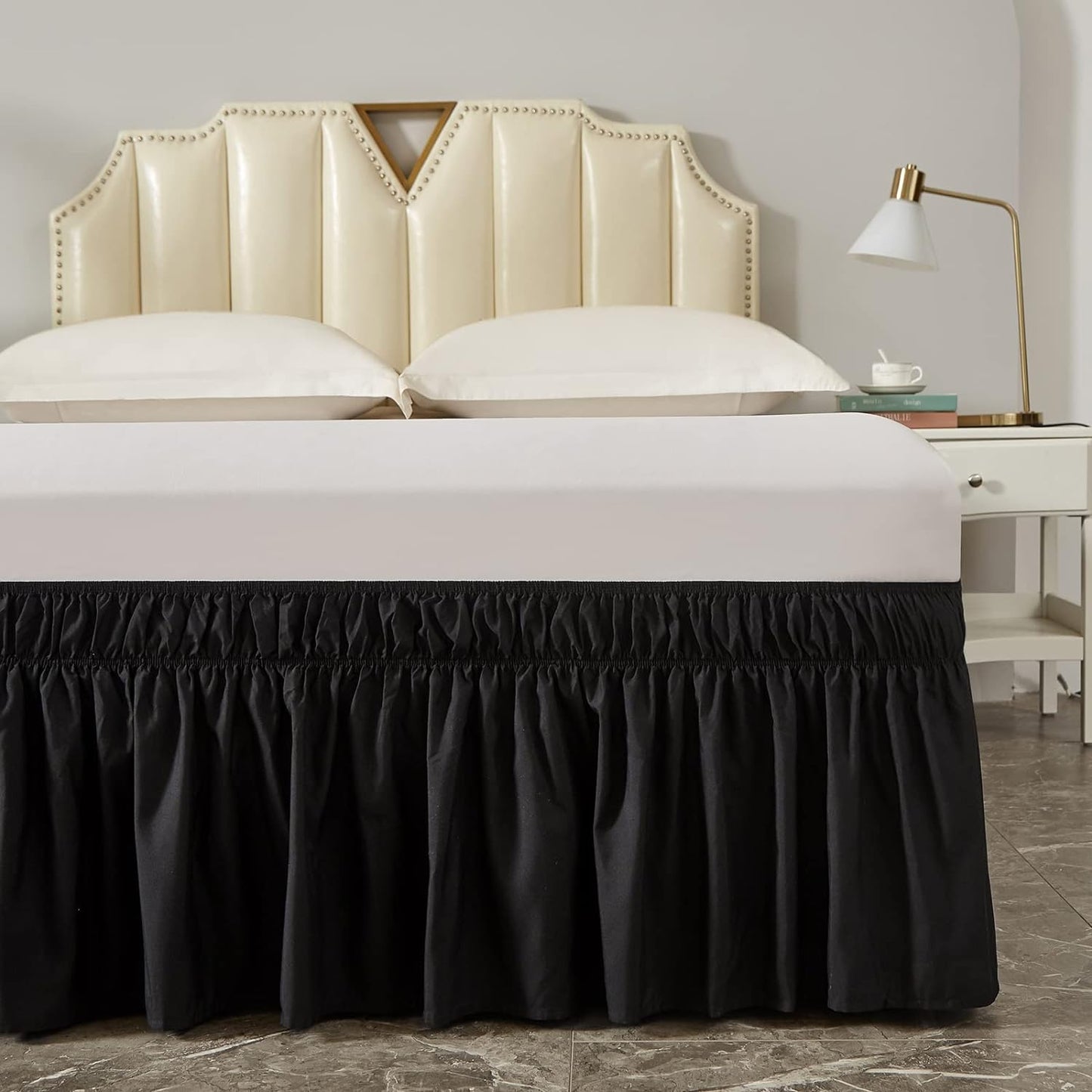 MEILA Wrap Around Bed Skirt Three Fabric Sides Elastic Dust Ruffled 18 Inch Tailored Drop,Easy to Install Fade Resistant-Black, Queen/King
