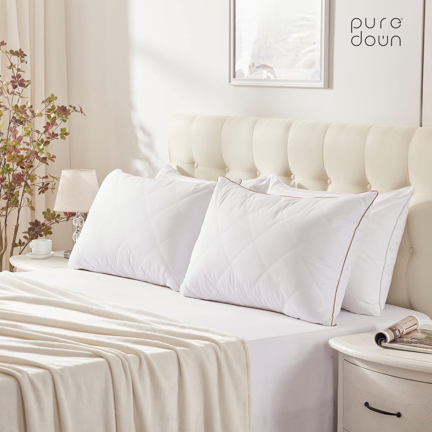 puredown® Goose Feathers and Down Pillow with Diamond Quilting with 100% Cotton Cover, Pack of 2, Queen Size