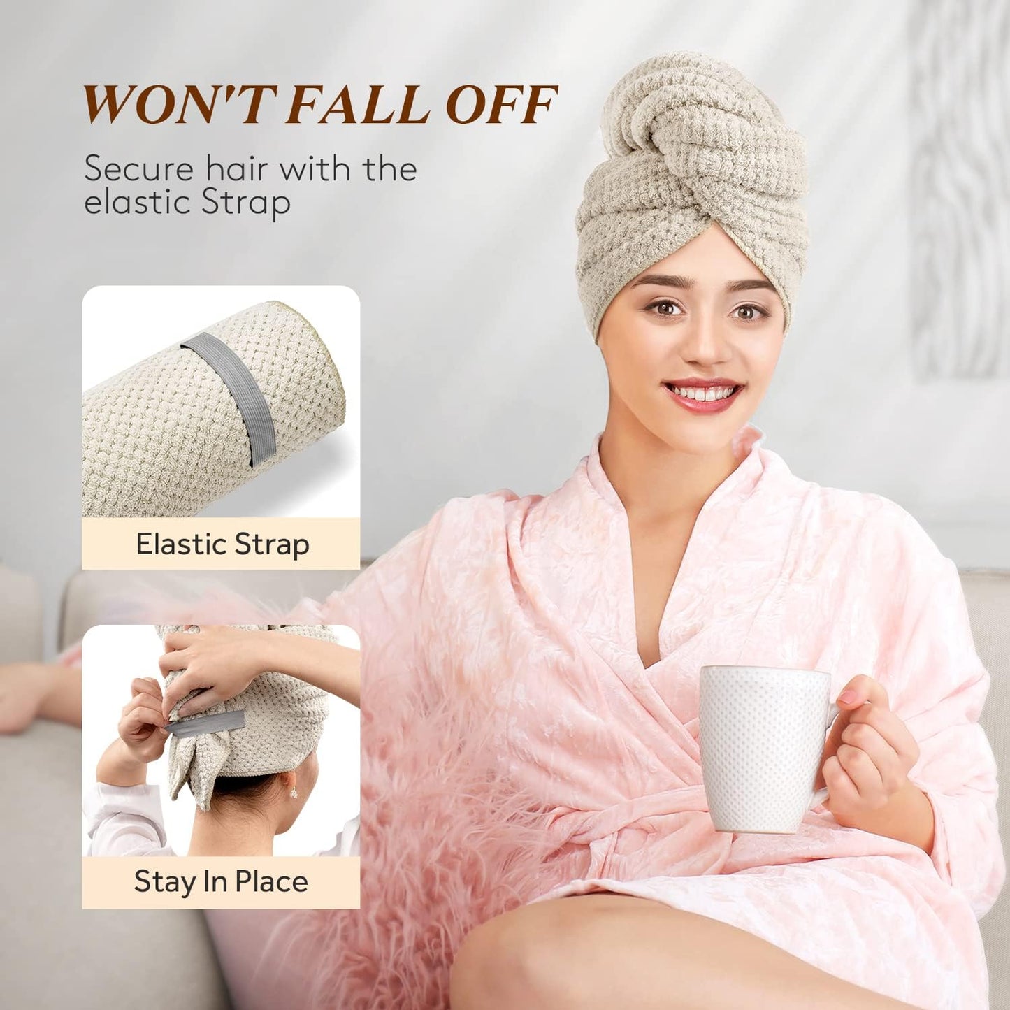 YFONG Large Hair Towel Wrap for Women, Super Absorbent Microfiber Hair Towel for Curly Hair, Fast Drying Hair Turbans with Elastic,Hair Drying Towel Wrap for Hair Care 26.3" X 40" (Camel)