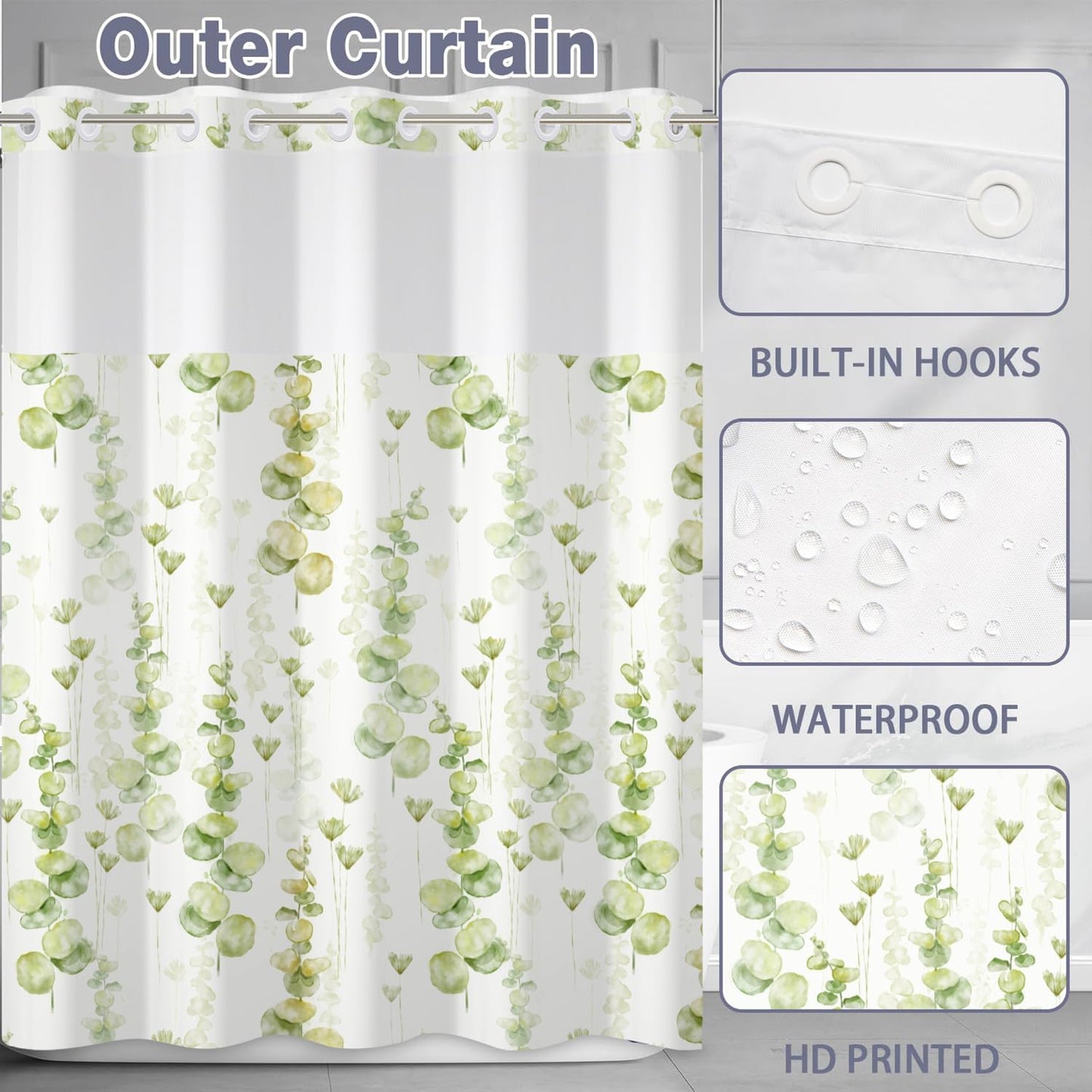 Green Leaves Shower Curtain No Hooks with Snap-in Fabric Liner Set,Spring Plant Vine Shower Curtain for Bathroom,Hotel Decor Waterproof Shower Curtains,with See Through Top Window,71W x 74H