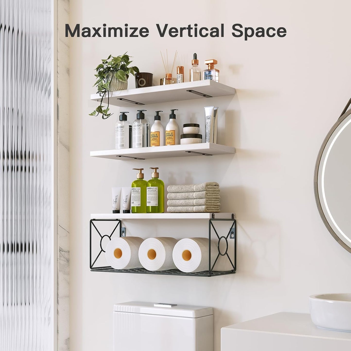 Amada Bathroom Shelves Over Toilet with Storage Basket, Floating Wall Shelves for Home Organization & Wall Decor, Bathroom/Kitchen/Living Room ShelvesWhite