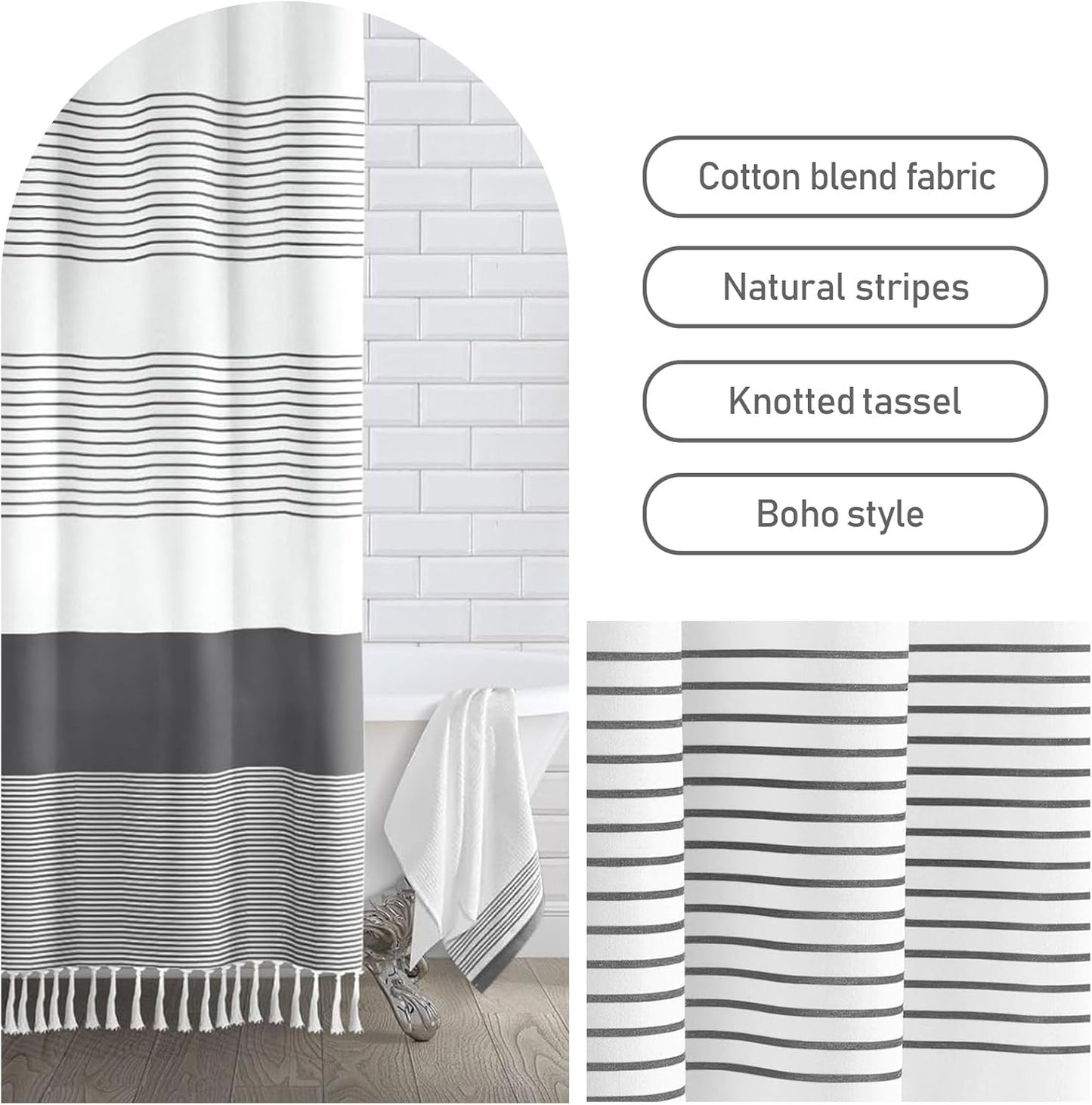 Awellife Gray Shower Curtain for Bathroom Stripe Tassel Shower Curtain 36 X 72 Farmhouse Cotton Boho Dark Grey