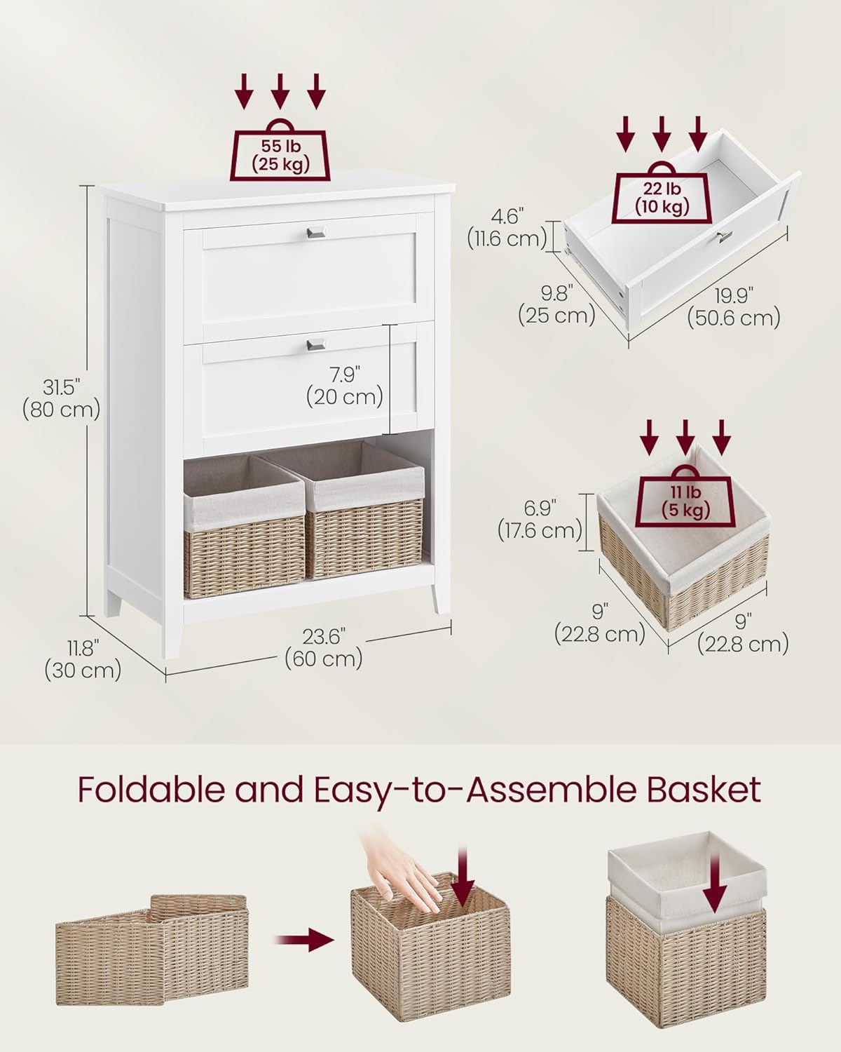 VASAGLE Storage Cabinet, Freestanding Floor Cabinet, 2 Drawers with 1 Set of Adjustable Divider, 2 Baskets, Sideboard, 11.8 x 23.6 x 31.5 Inches, for Bathroom, Living Room, Cloud White UBBC545W02
