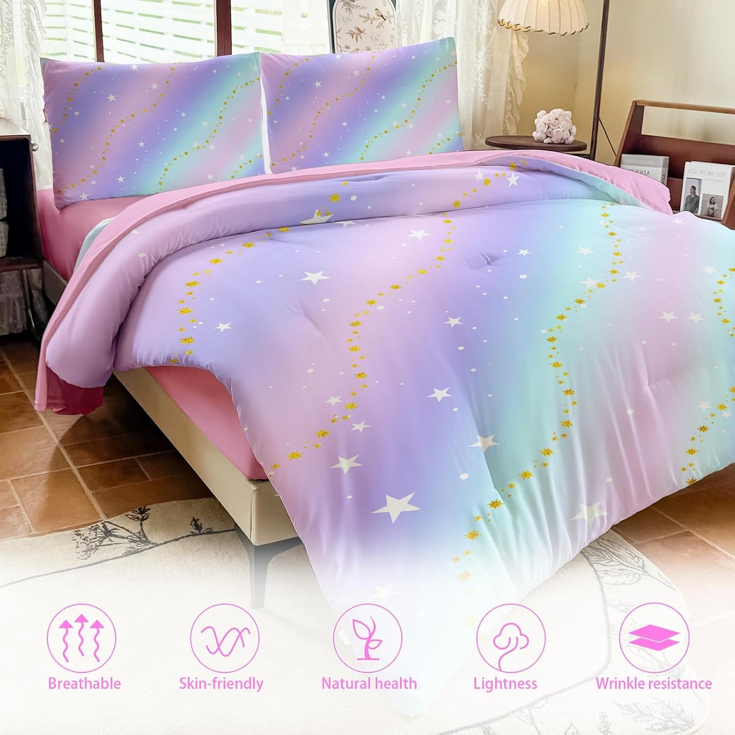 Rainbow Bedding Set Full Size – 5 Piece Reversible Girls Comforter with Deep-Pocket Sheet, Gradient Galaxy Design, Whole-Piece Filling, Machine Washable Bed-in-a-Bag for Kids Room Makeover & Gifts