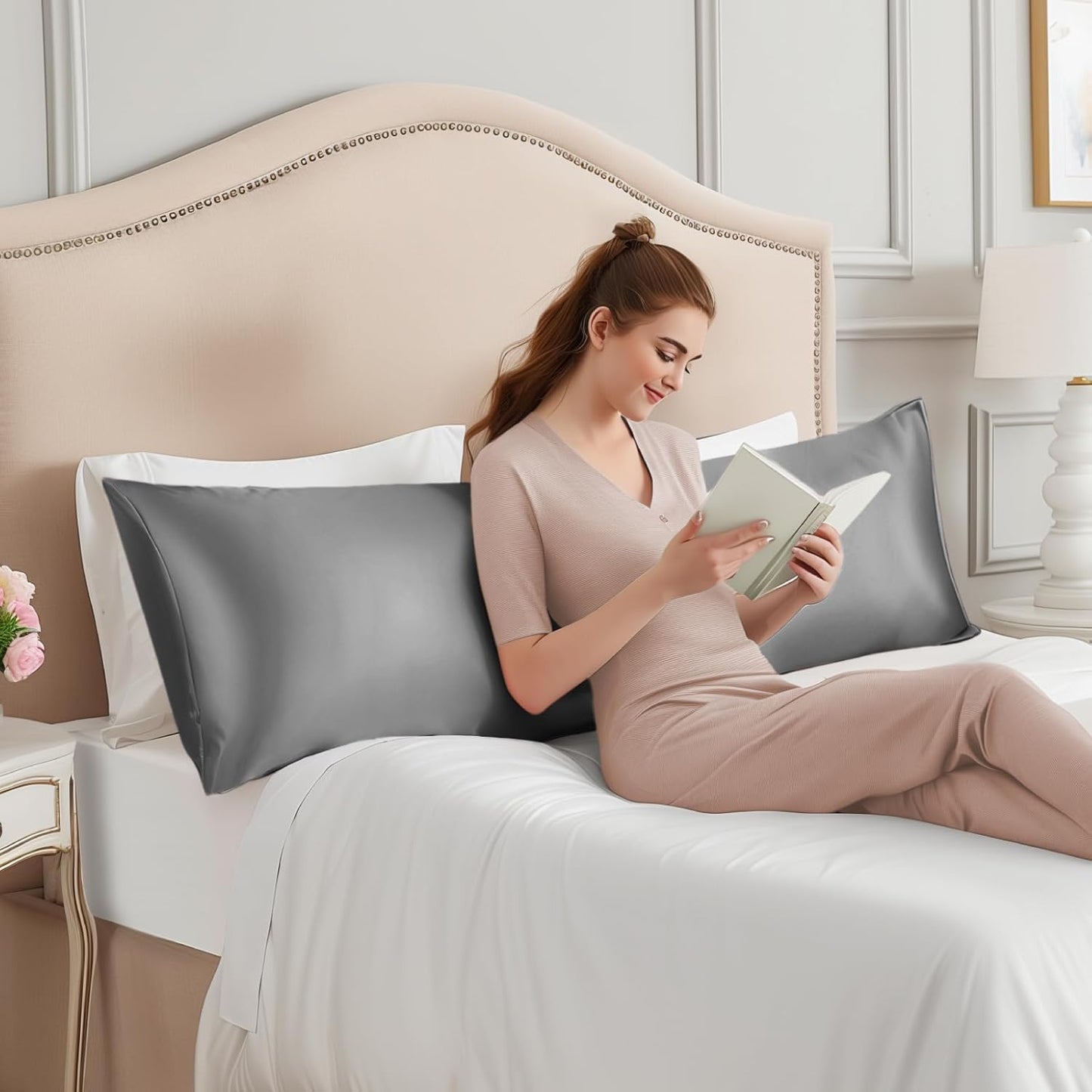 INFIIXSO Body Pillow Cover with Zipper, Luxury Mulberry Silk Body Pillow Case 20x54 Inches, Ultra Smooth and Soft Cooling Long Pillowcase, Gift for Women, Men(Dark Grey)