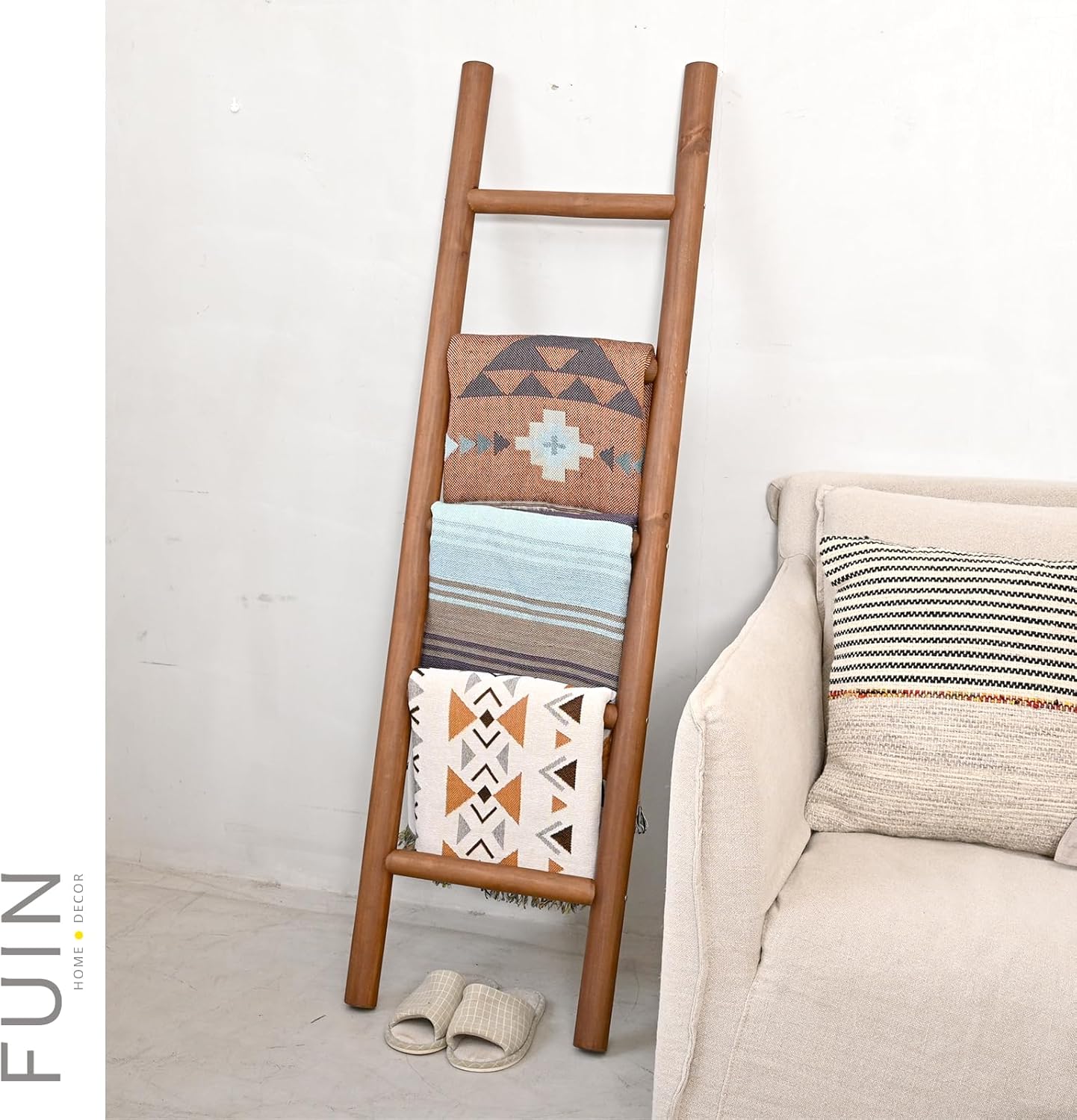 FUIN 57in Wood Blanket Ladder Living Room Decorative Wall Leaning Farmhouse Quilt Display Holder Rustic Wooden Towel Rack for Bathroom, Dark Brown