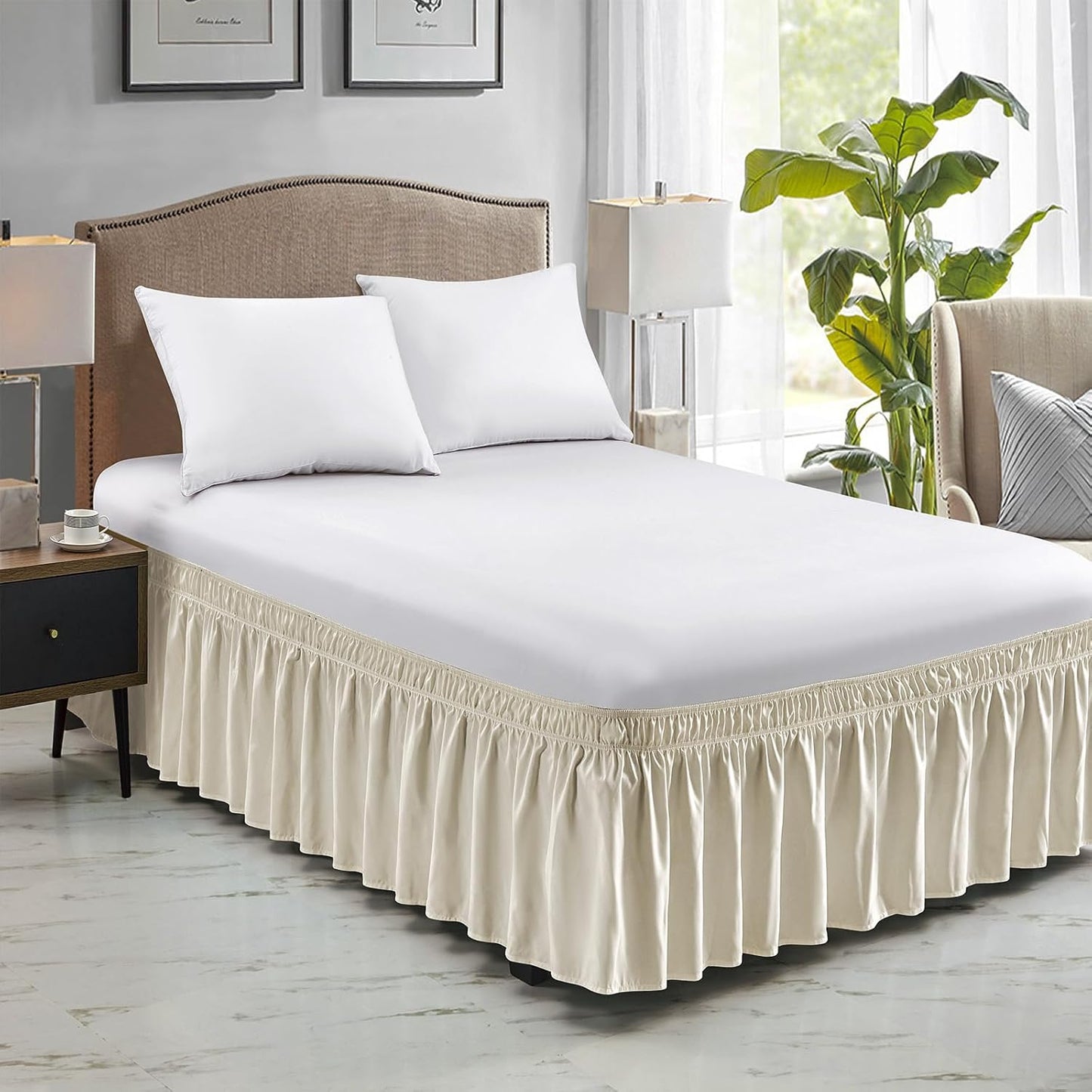 FreshCulture Queen Bed Skirt, Elastic Wrap Around Bed Skirt Queen Size, Bed Skirts for Adjustable Bed, Easy Fit with 22 Inch Drop Length, Hotel Quality Dust Ruffle for Queen Bed (Cream)