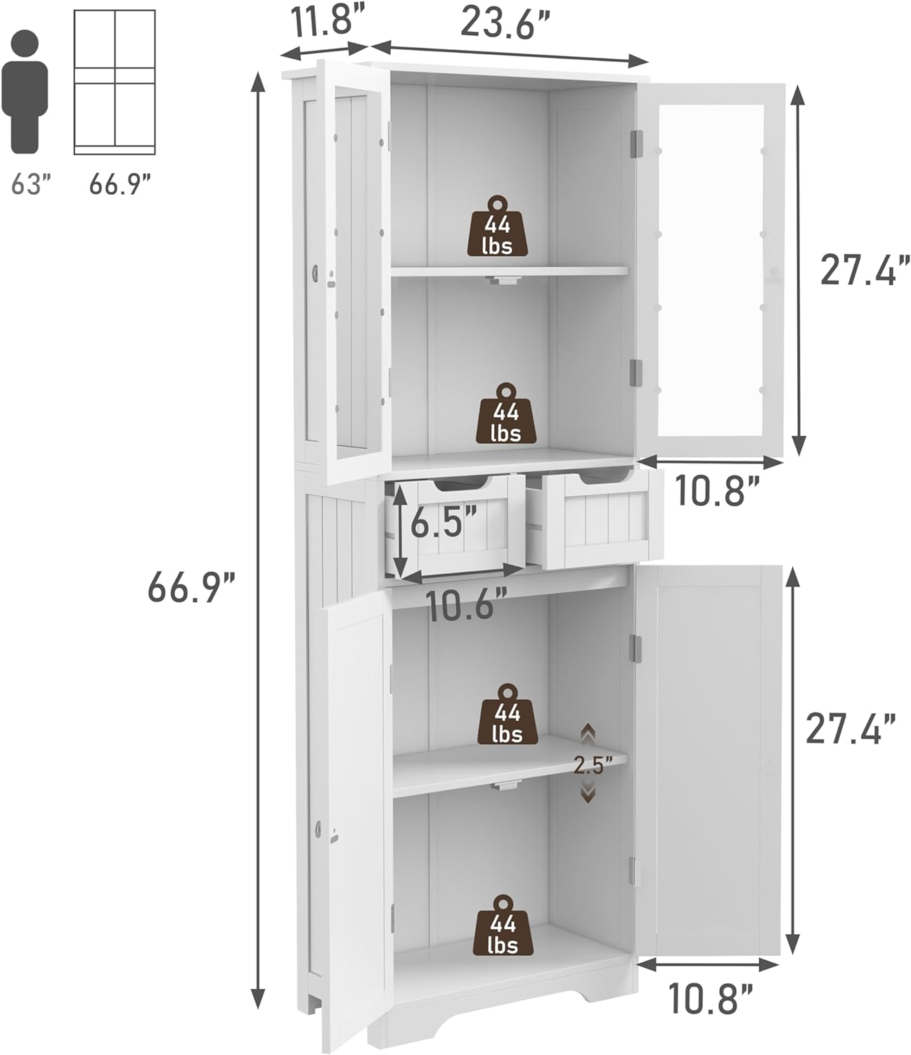 67" Tall White Bathroom Cabinet Storage Cabinet, Freestanding Storage Cabinet with Glass Door and Adjustable Shelves, Bathroom Cabinet for Living Room, Kitchen, Dining, White