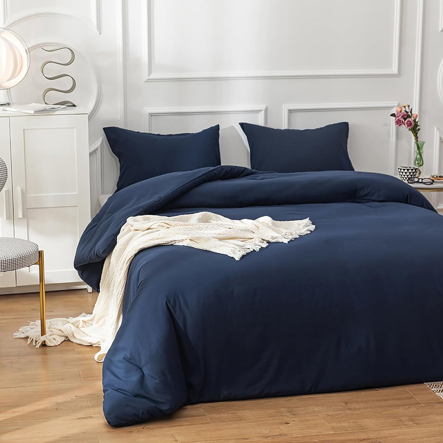 Cottonight Navy Blue Comforter Set Twin Men Boys Navy Bedding Set Dark Blue Comforter Set Breathable Soft Quilts Blanket Dark Color Modern Solid Color Pure Blue Bedding Sets for Twin Bed