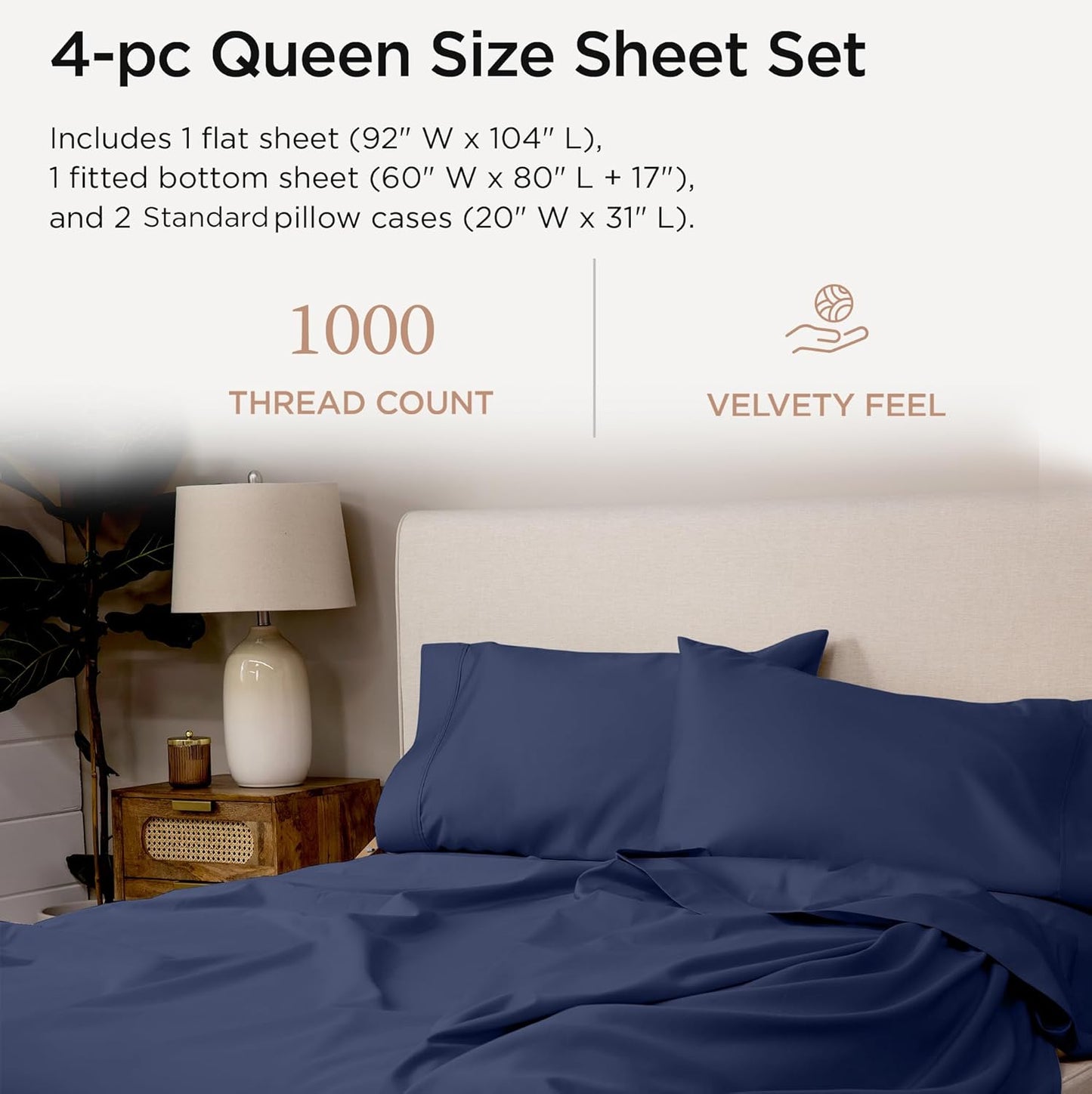 Threadmill Supima Cotton Sheets Queen, 1000 Thread Count Queen Sheets for Queen Mattresses, 4 Piece Luxury Bed Sheets, Sateen Weave Hotel Quality Sheet with Elasticized Deep Pocket, Folkstone Blue