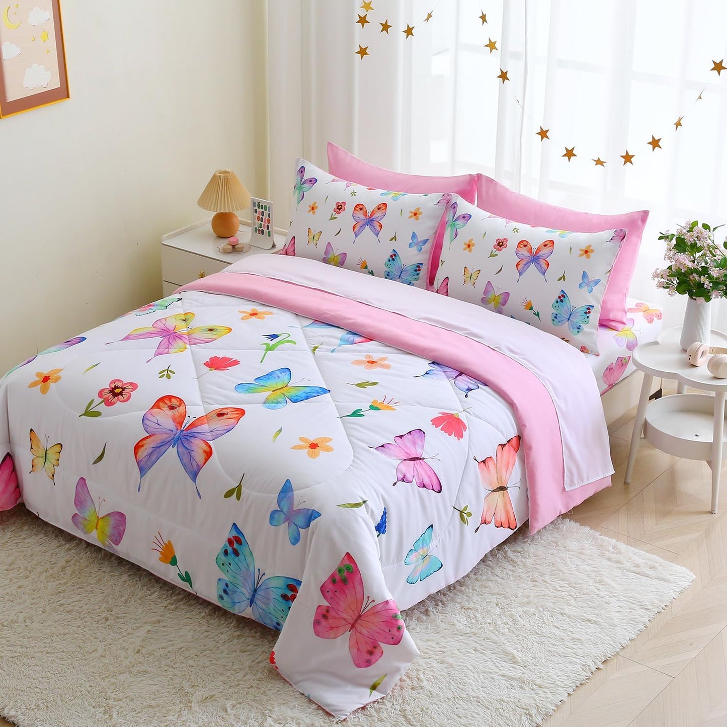Wajade 7 Piece Butterfly Comforter Set for Girls Kids Cute Colorful Butterfly Flowers Floral Bedding Set Full Size with Sheet and 2 Pillowcases 2 Pillow Shams Bed in a Bag as Birthday Choice