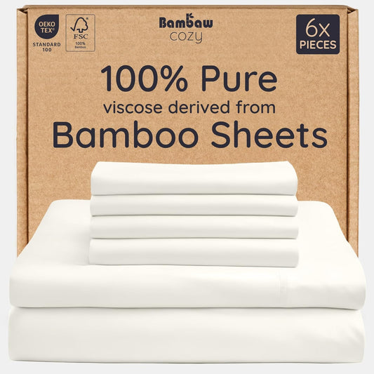Bambaw King Sheet Set 6pcs – 100% Viscose Derived from Bamboo Sheets King Deep Pocket, Fits Up to 16'' with Elastic Corner Straps, King Cooling Sheets, Hotel Luxury Bed Sheets Set (Ivory)
