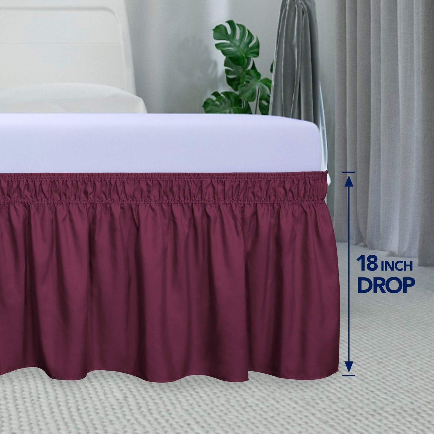PureFit Wrap Around Ruffled Bed Skirt with Adjustable Elastic Belt - 18 Inch Drop Easy to Put On, Wrinkle Free Bedskirt Dust Ruffles, Bed Frame Cover for Queen, King and C-King Size Beds, Wine