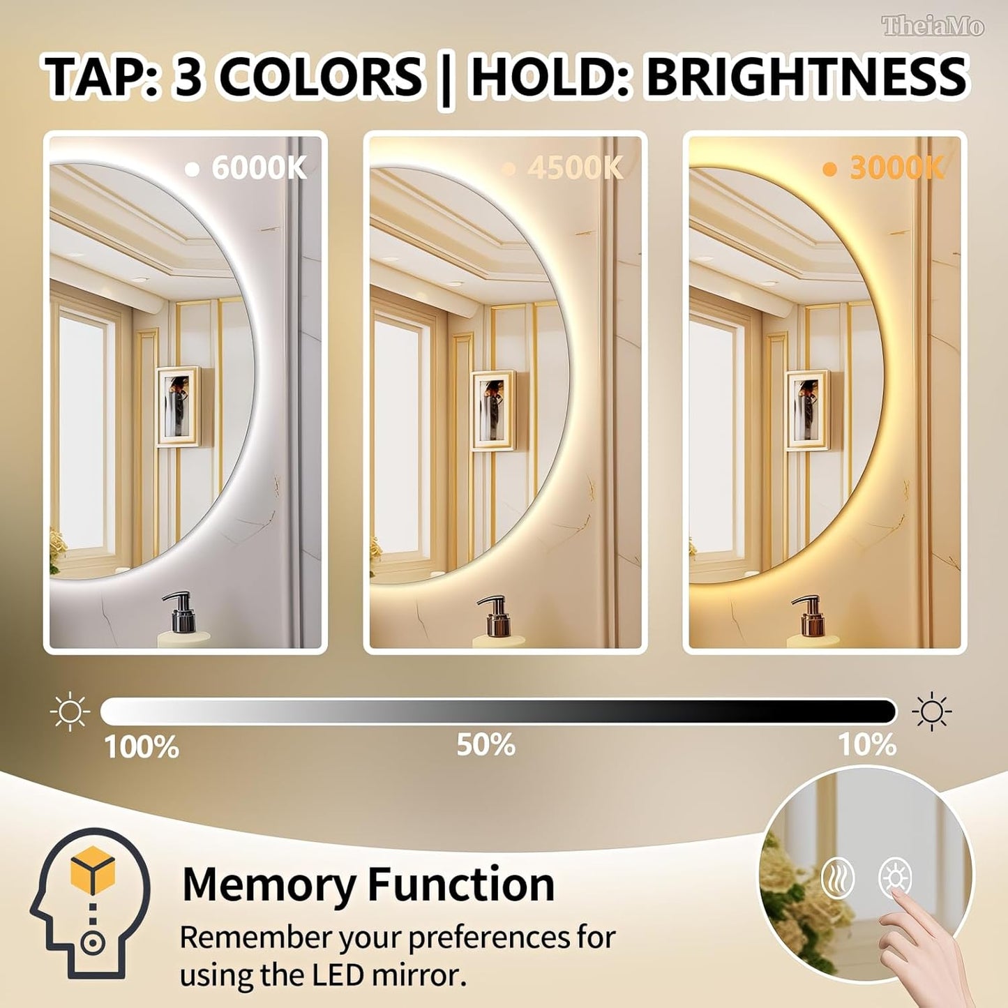 Round LED Mirror for Bathroom, 48" Circle Frameless Backlit Mirror with Lights, Wall Mounted Vanity Mirror, 3 Colors, Dimmable, Anti-Fog, IP65 Waterproof, Memory Function, UL Listed