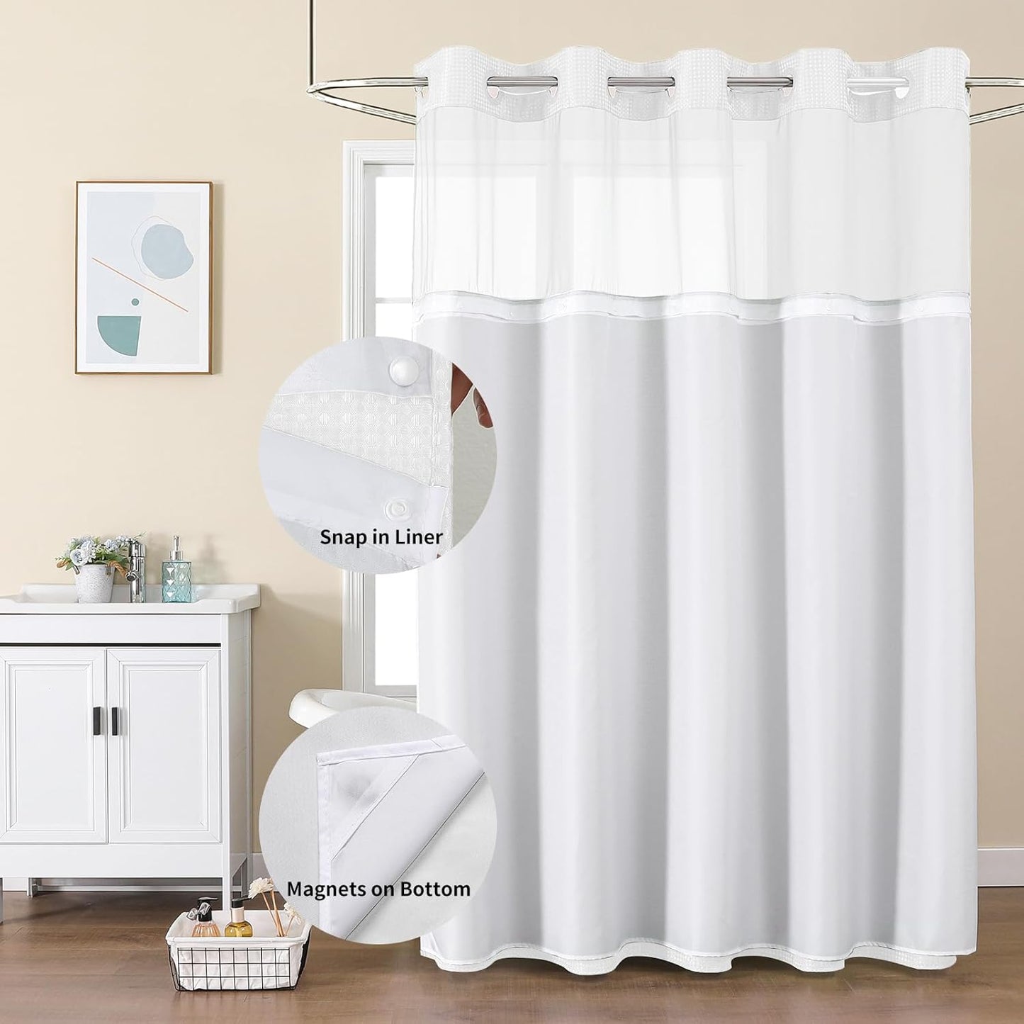 Colorful Star Small Stall Shower Curtain with Snap in Fabric Liner, Waffle Weave No Hook Shower Curtains with Mesh Top Window, Hotel Style Waterproof Bathroom Curtain Set, 36 x 75 Inch, White