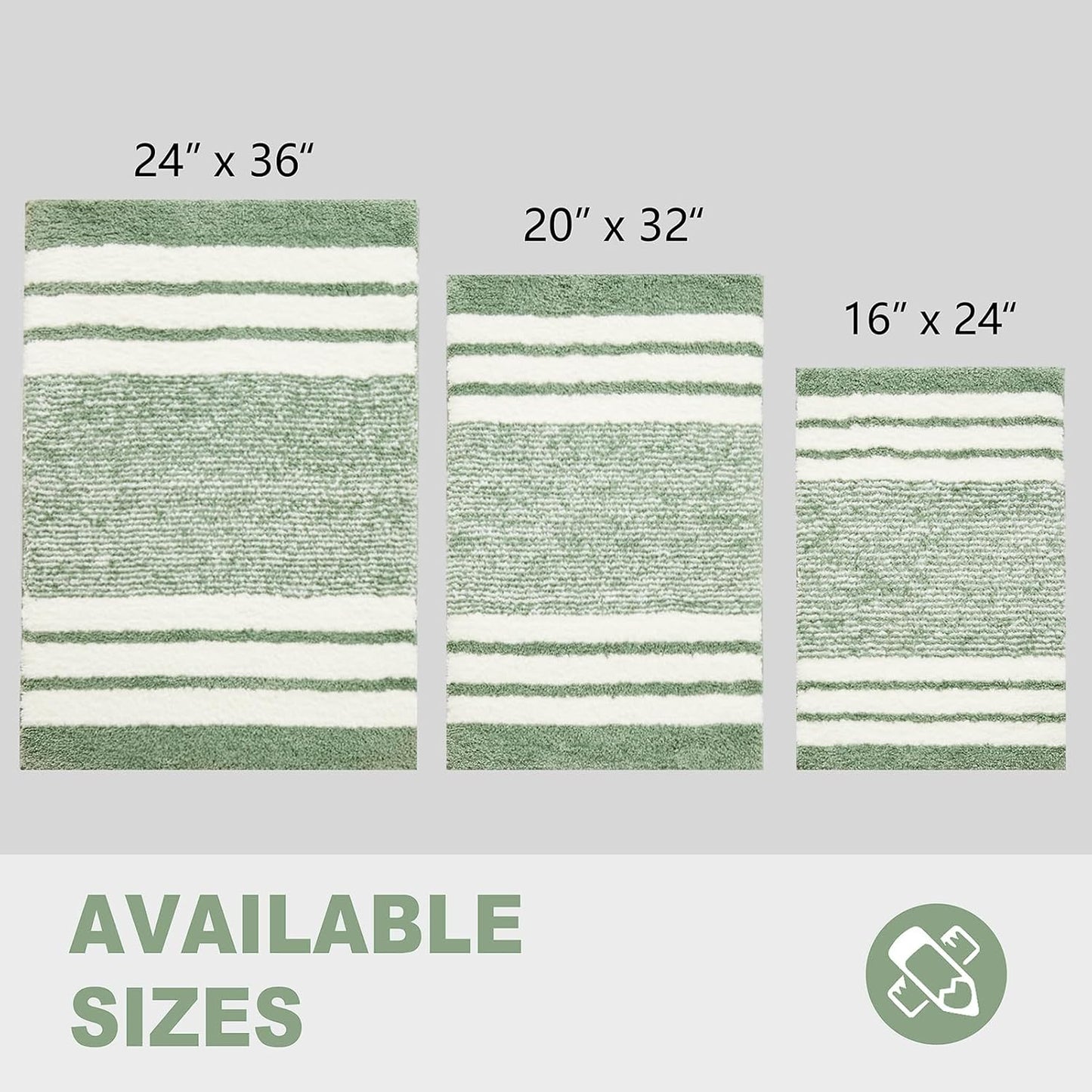 CozeCube Bath mats for Bathroom Non Slip, Fluffy Absorbent Microfiber Bath mat Washable, Aesthetic Bathroom Rugs, Small Sage Green Striped Bath mat, Sage Green, 24" x 16"