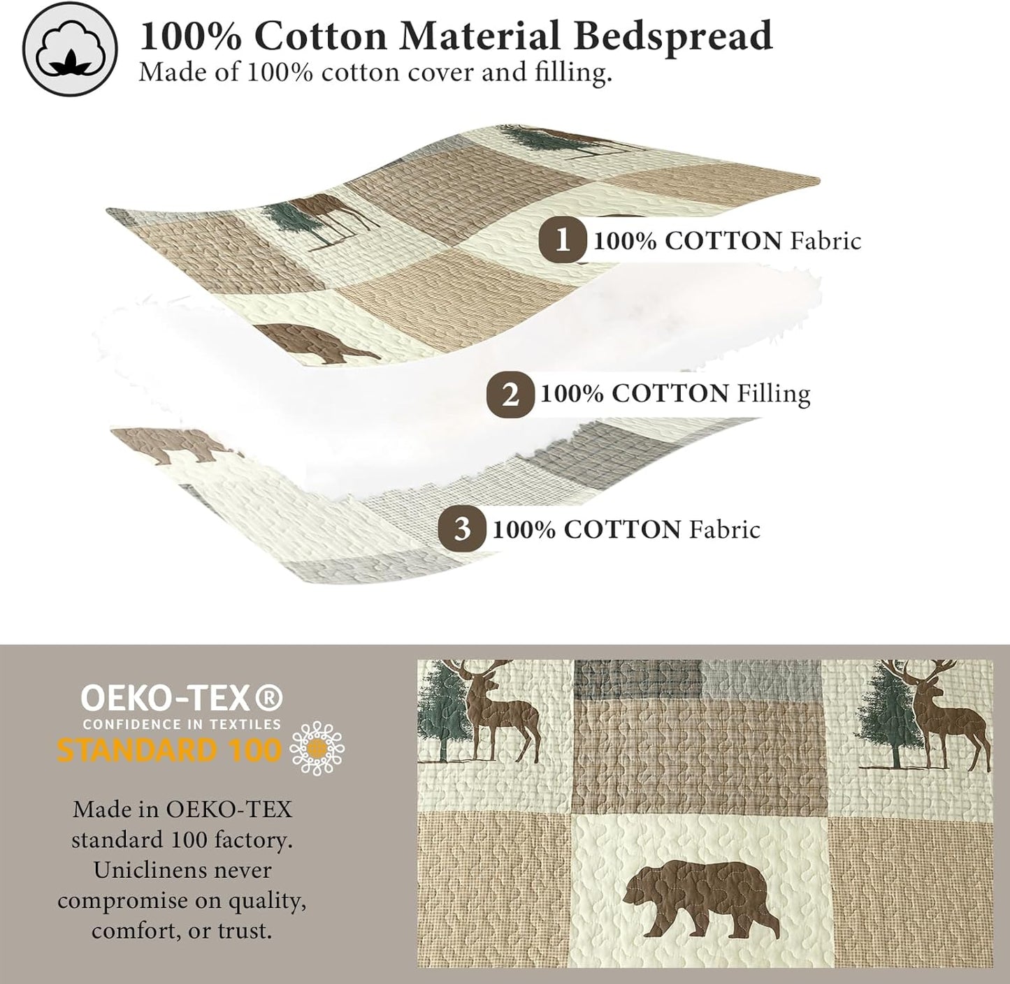 Uniclinens Plaid Quilt Set Queen Size, 100% Cotton Patchwork Quilts, Brown Farmhouse Lightweight Quilted Comforter, Soft Rustic Bedspread, 3 Pieces Set with 2 Pillowshams, Beige/Brown/Gray