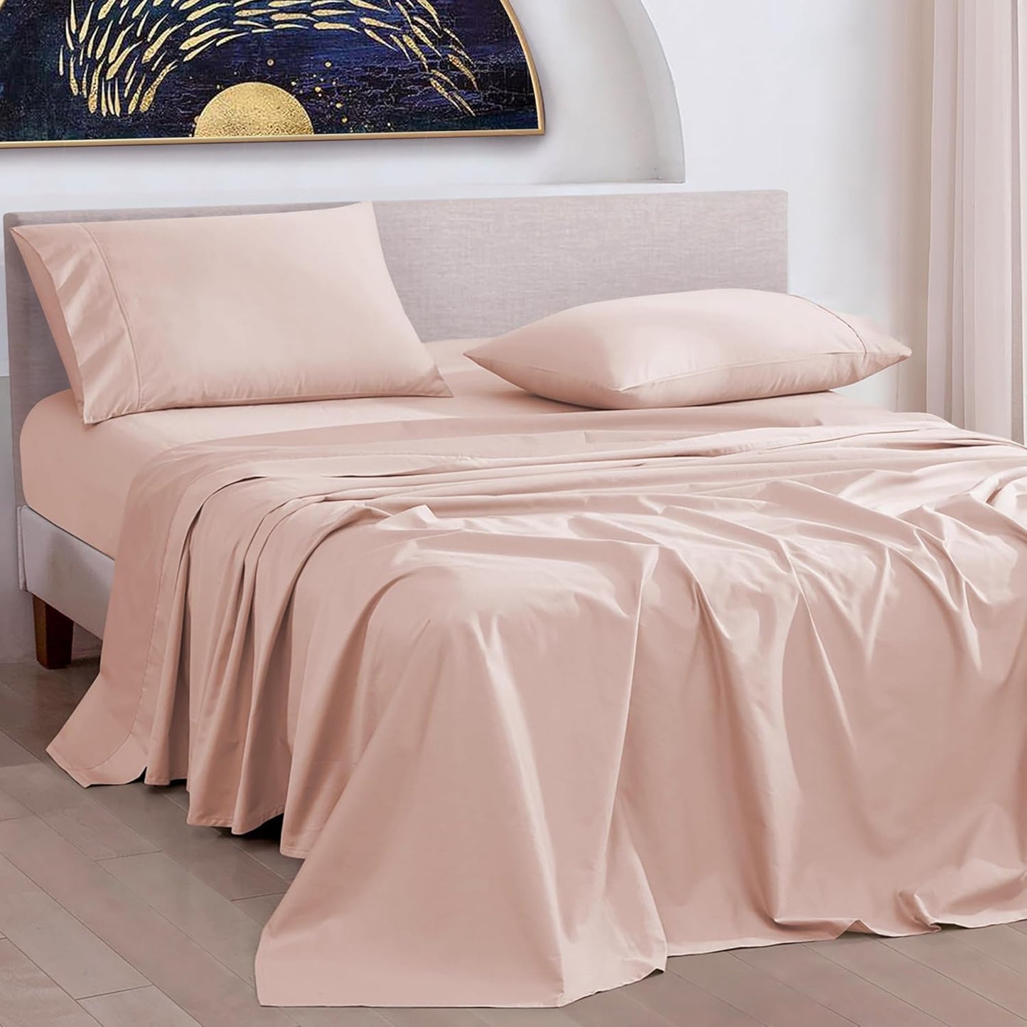 URBANHUT 1000 Thread Count Egyptian Cotton Full Size Sheet Set 4 Pc Bed Sheets, Soft & Breathable, Luxury Hotel Sheets Fits 16" Elasticized Deep Pocket, Sateen Weave, Solid - Blush Pink