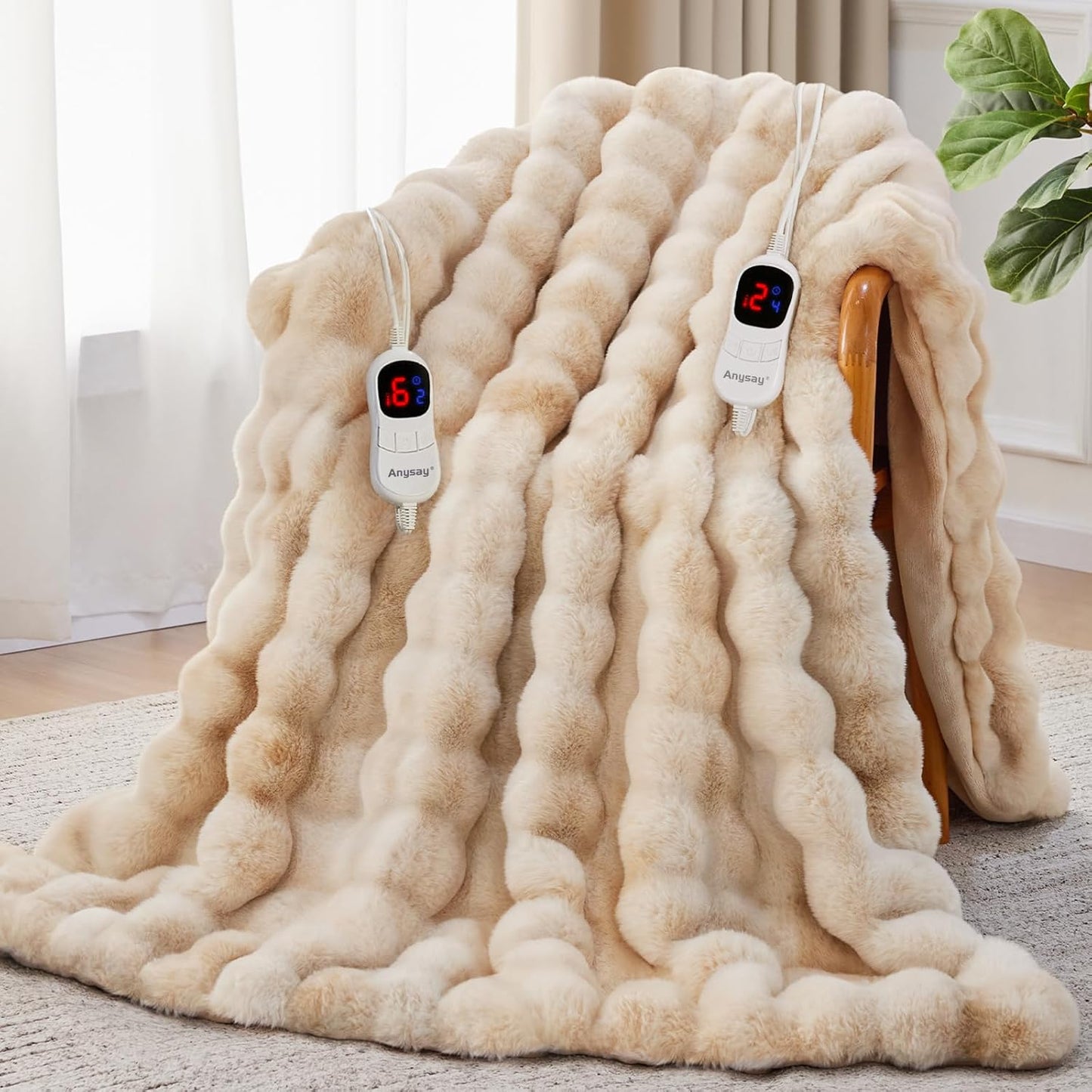 Heated Blanket King Size with 1/2/4/6/8 Hours Auto-Off 10 Heat Level, 90'' * 100'' Cozy Faux Rabbit Fur Bubble Electric Blanket with Overheat Protection(Tie-Dye Beige)