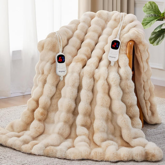 Heated Blanket King Size with 1/2/4/6/8 Hours Auto-Off 10 Heat Level, 90'' * 100'' Cozy Faux Rabbit Fur Bubble Electric Blanket with Overheat Protection(Tie-Dye Beige)