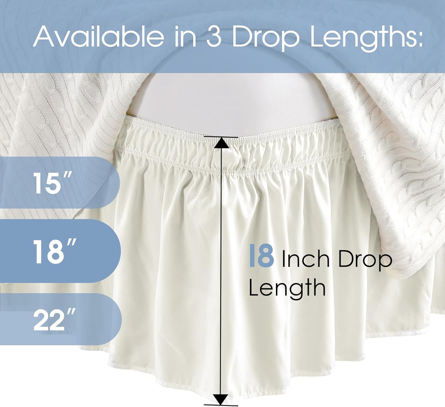 FreshCulture Elastic Wrap Around Bed Skirt - Easy Fit with 18-Inch Tailored Drop, Hotel Quality Dust Ruffle for Full Size Bed (Cream)