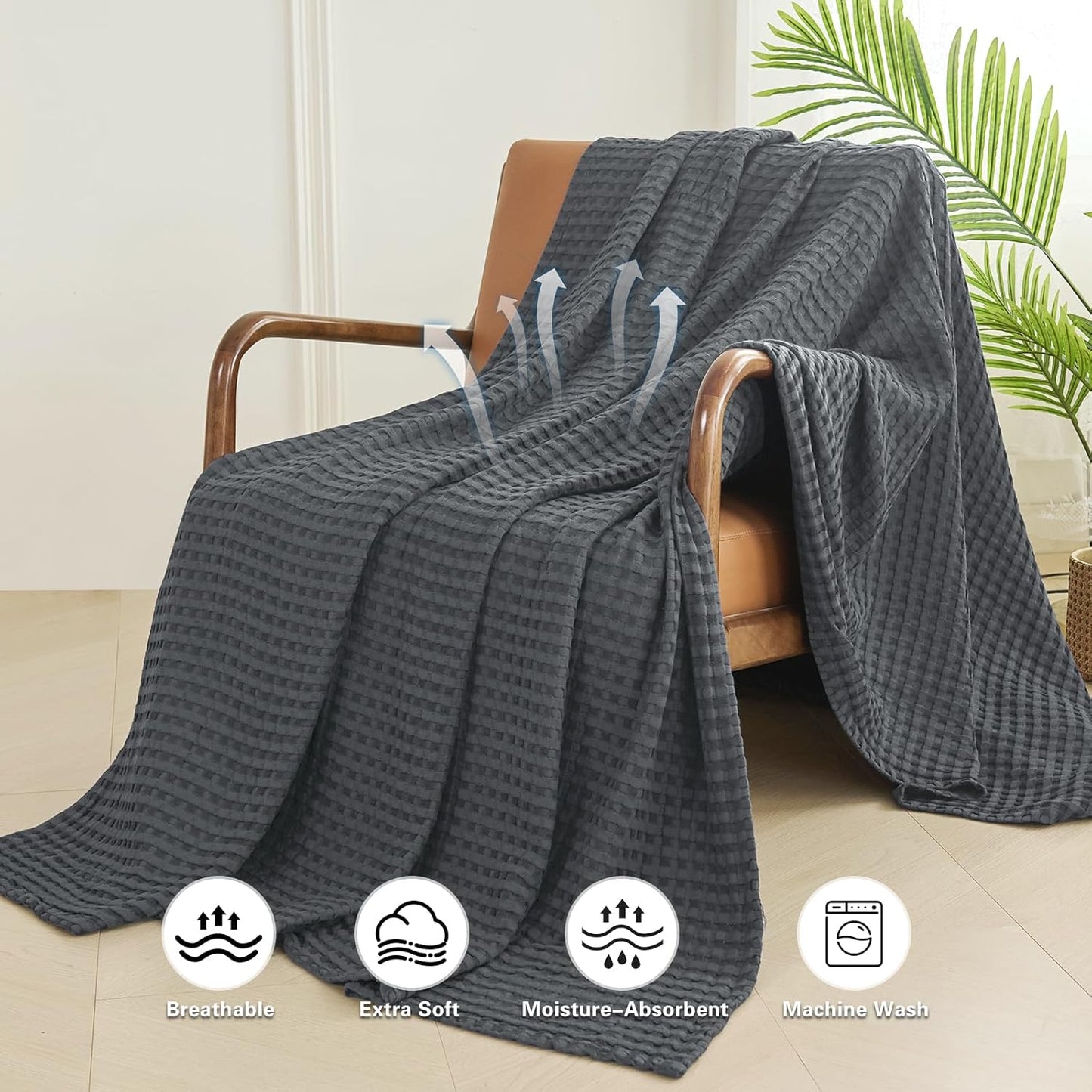 Aganear Waffle Blanket - Lightweight Breathable Summer Blanket of 50% Cotton and 50% Rayon Derived from Bamboo for Hot Sleepers Luxury Throws for Bed, Couch and Sofa,Dark Grey,104x90 Inches
