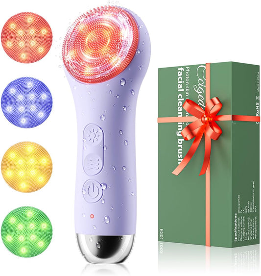 Facial Cleansing Brush Electric Face Scrubber - Rechargeable Face Cleansing Brush with 4 LED Gentle Light Silicone Heat and Vibration Exfoliator Massage Deep Cleansing,IPX7 Waterproof,Ideal Gift﻿