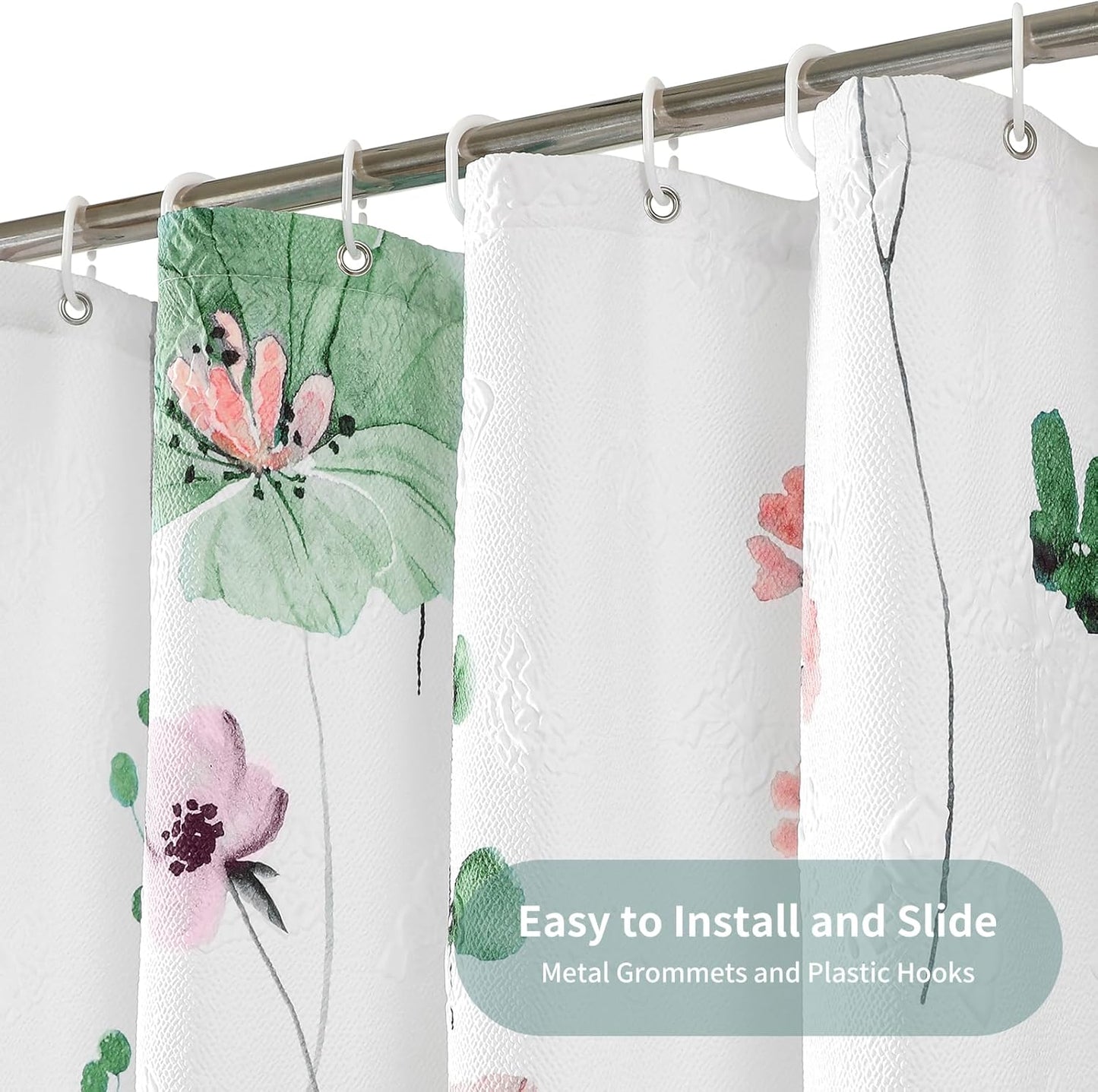 QiyI Watercolor Floral Shower Curtain, 3D Embossed Butterflies Sage Green Botanical Bathroom Curtain, Pink Flowers Cloth Bath Curtain, Waterproof Fabric Textured Shower Curtain Set with Hooks, 72x72