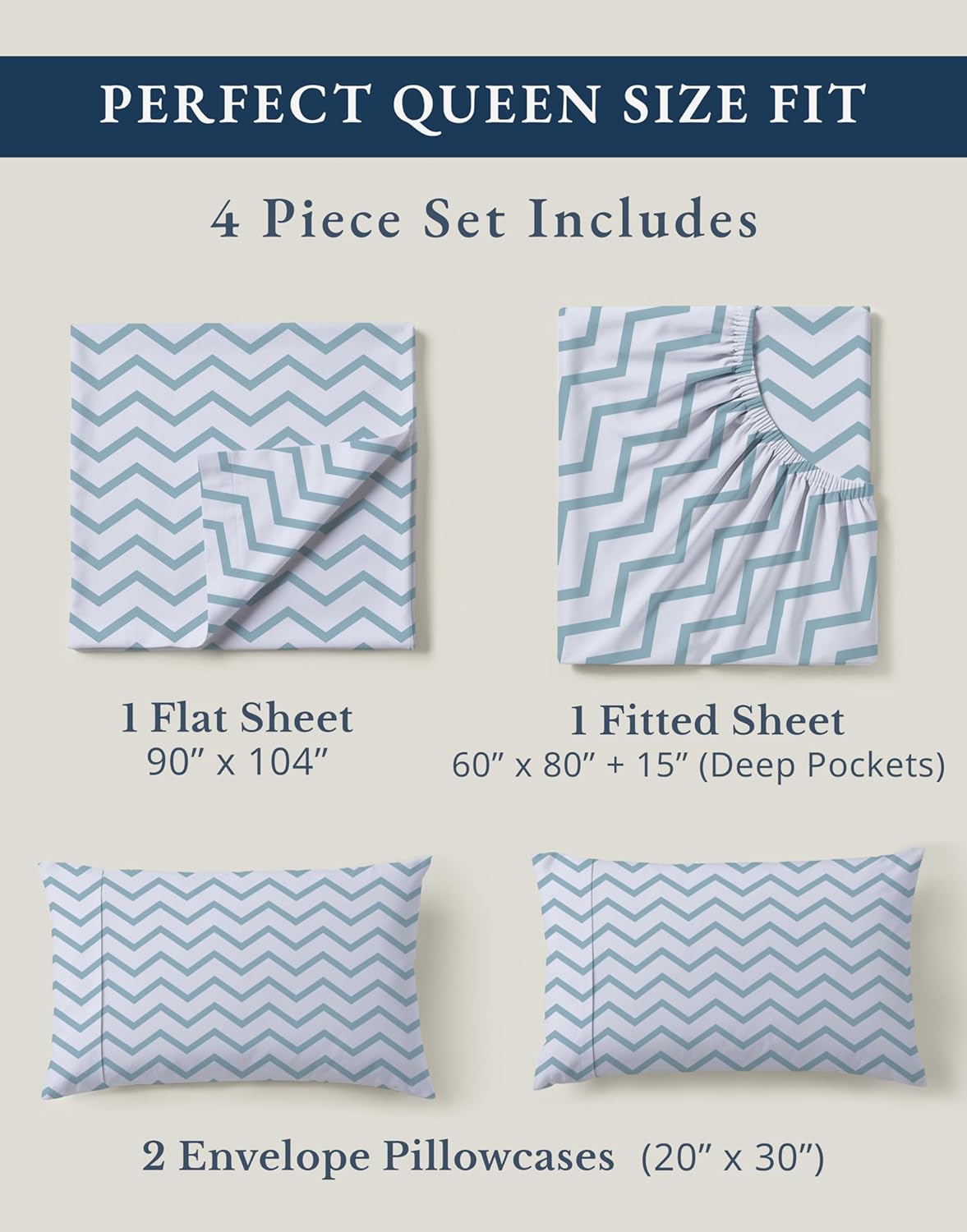 LANE LINEN 100% Organic Cotton Sheets Queen, 15" Deep Pocket Queen Sheets Fits Upto 15" Mattress, Soft & Comfy Fade Resistant Printed Sheet Set - Cool Blue Chevron