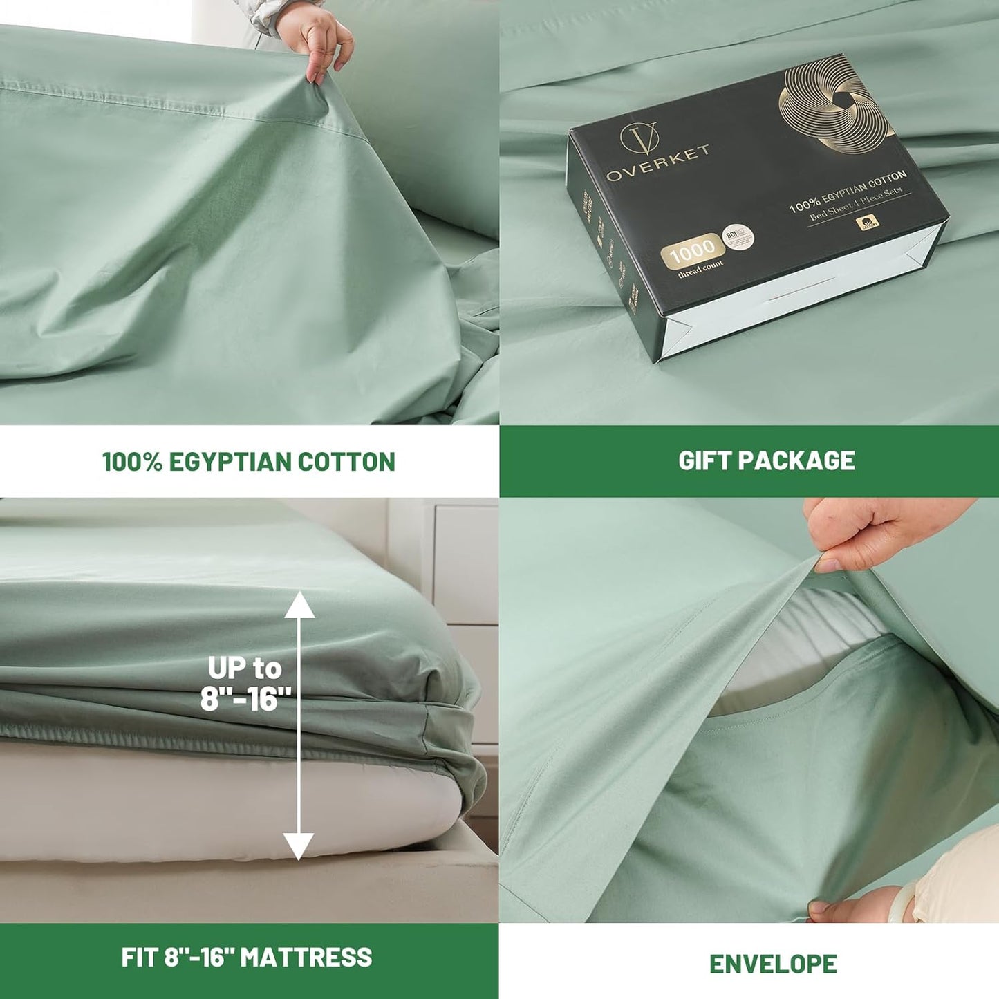 100% Egyptian Cotton Sheets Cal King Sheet Set 1000 Thread Count Sateen Weave Soft Breathable 16-Inch Deep Pocket 4PCS（California King,Sage Green）