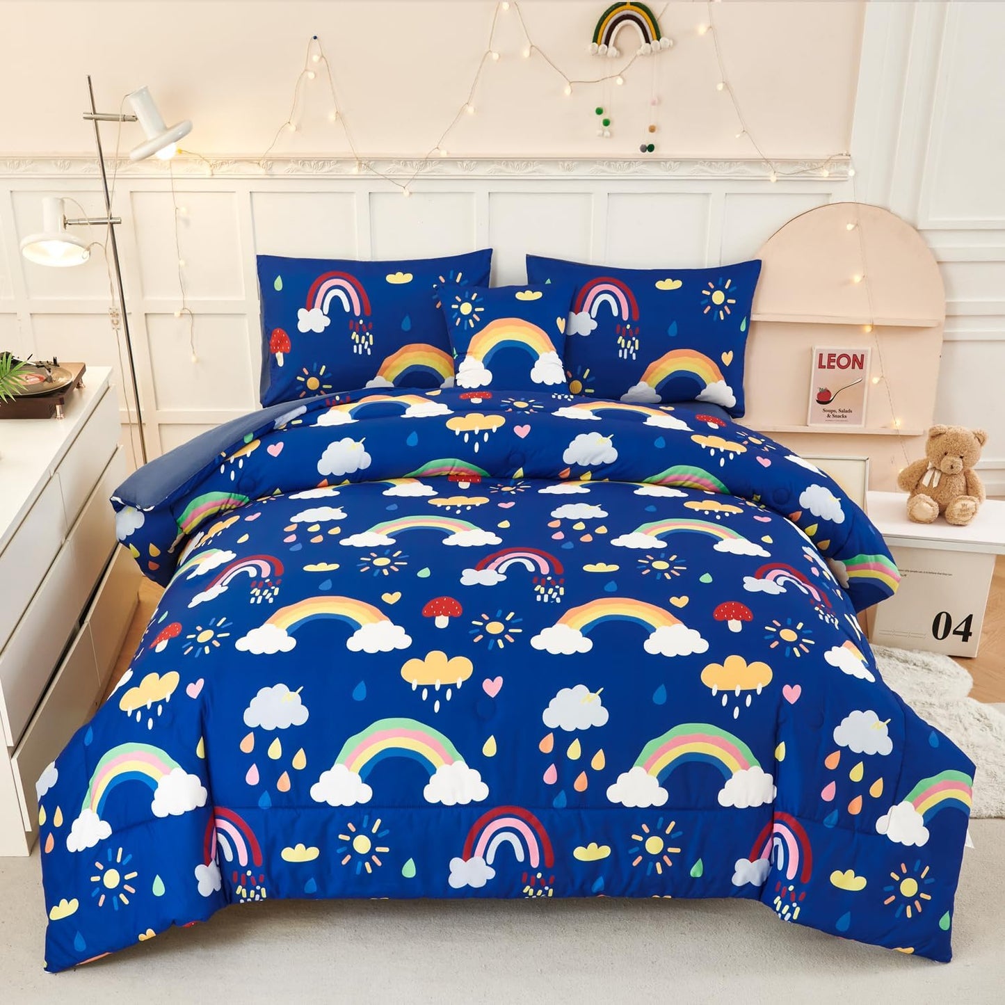 ANGIYUIN Blue Rainbow Kids Full Size Bed in A Bag with Sheets Cute Cloud and Rain Design Girls Comforter Set Soft Microfiber Bedding Set, Blue, Full