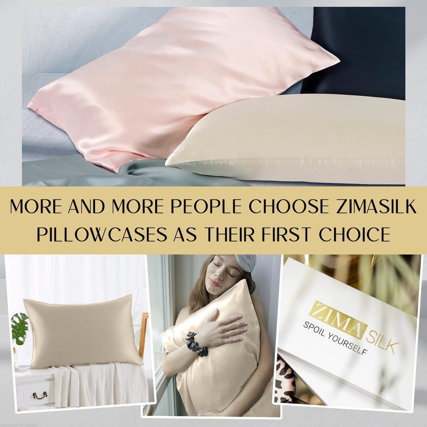 ZIMASILK 100% Pure Mulberry Silk Pillowcase 2 Pack, Soft and Smooth,Both Sides Premium Grade 6A Silk,600 Thread Count,with Hidden Zipper for Men and Women Family (Standard 20"x26", Beige)